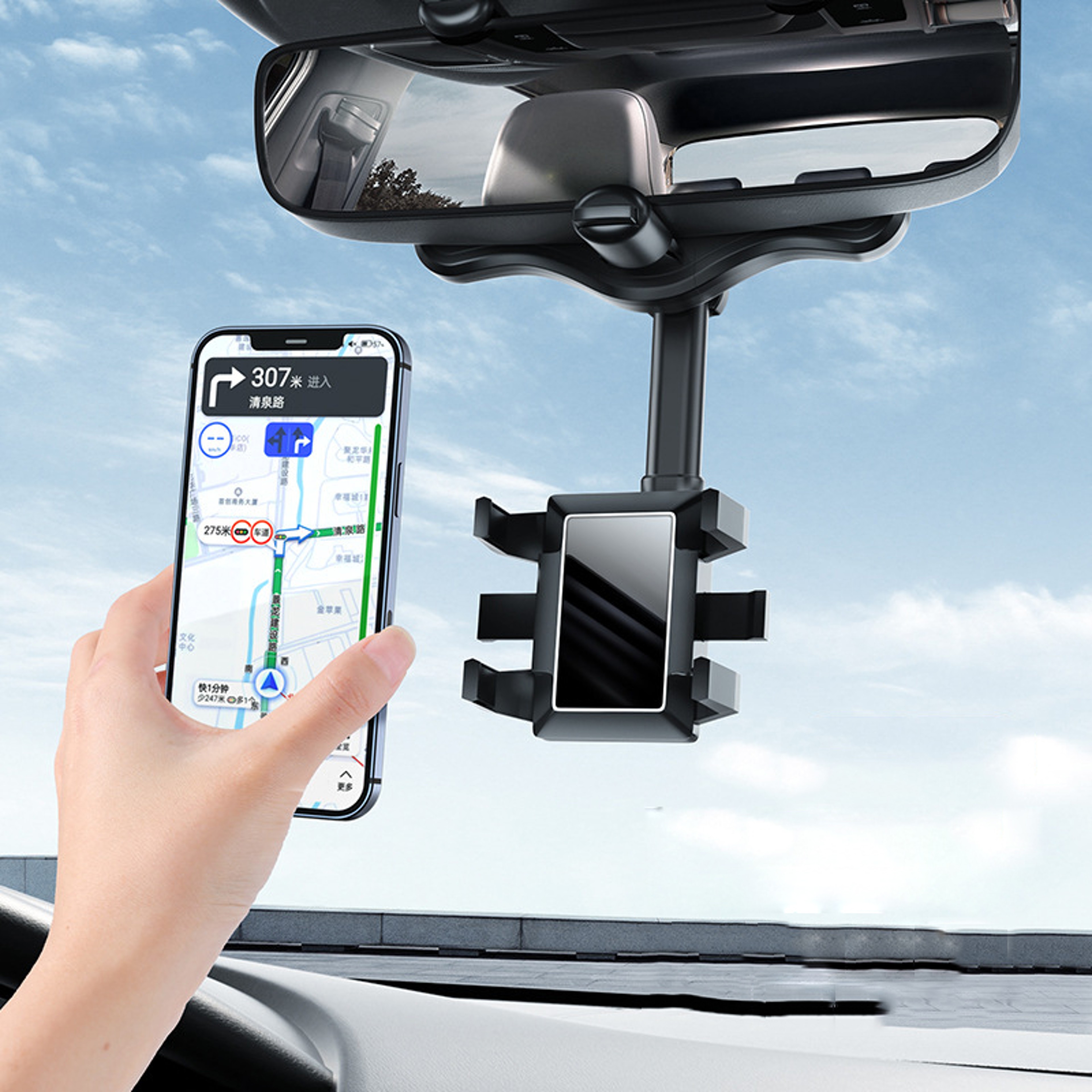 Rotatable and Retractable Rearview Mirror Car Phone Holder with Universal Clip – view 4