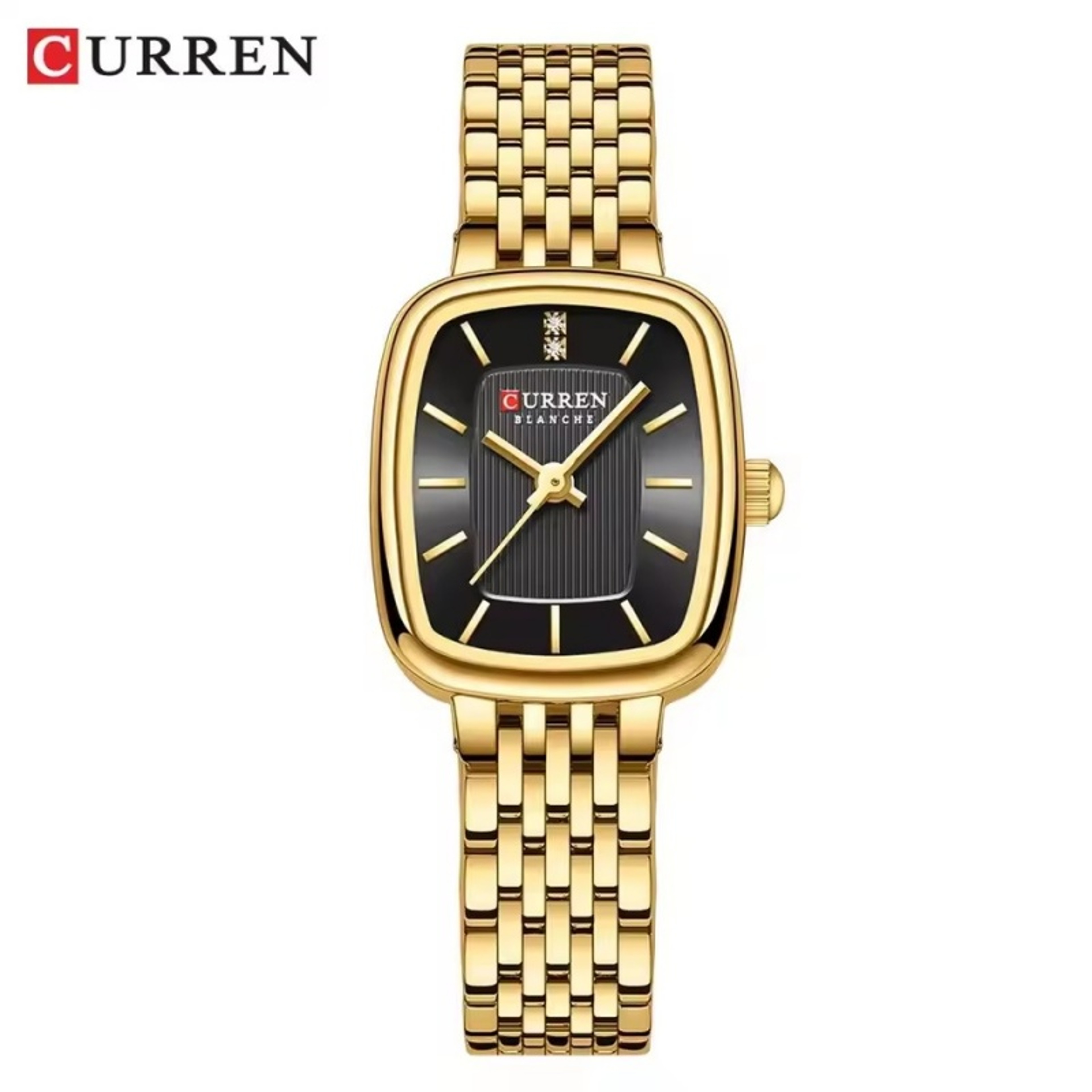 Women's Rectangular Quartz Watch with Gold Dial and Stainless Steel Bracelet – view 1