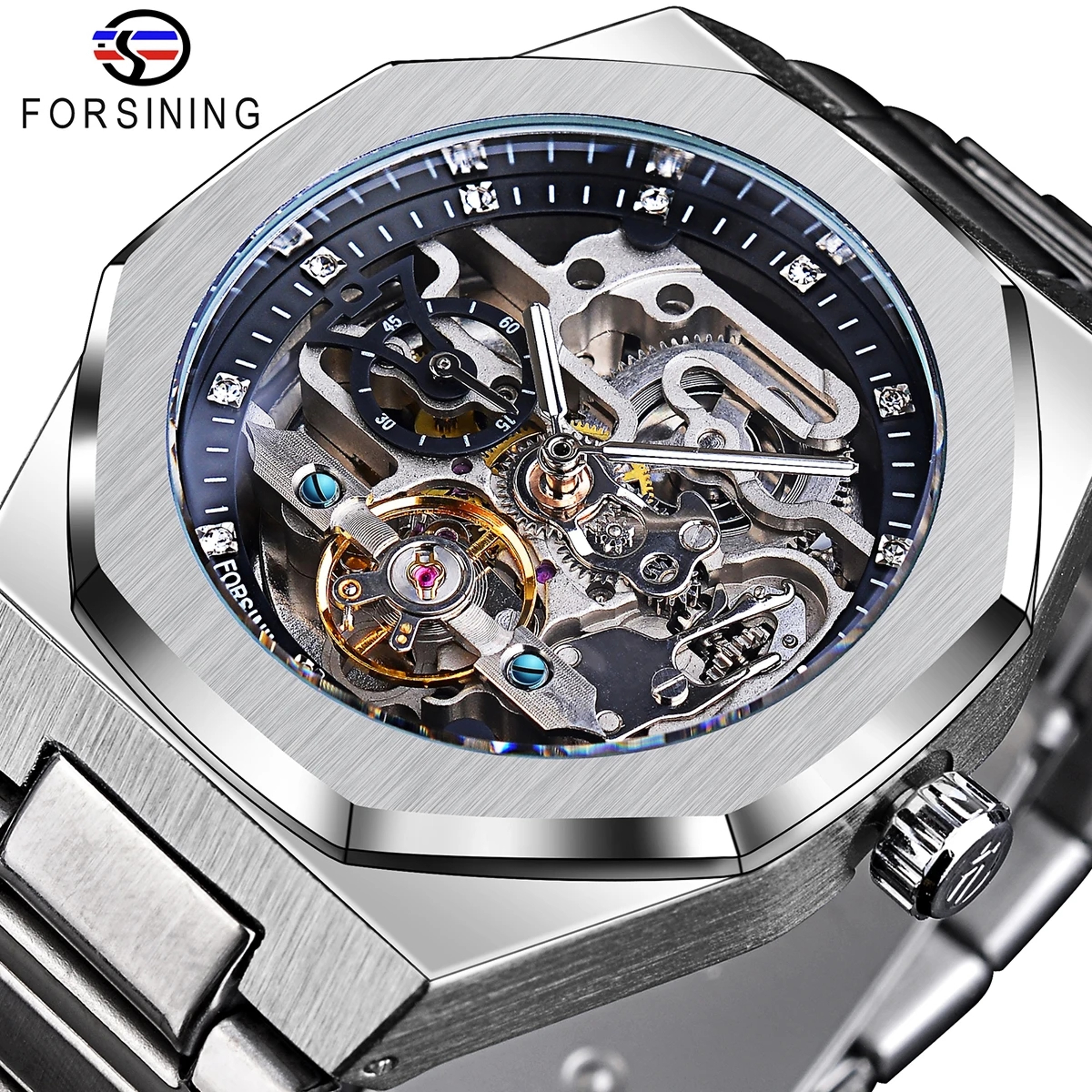 Mens Automatic Mechanical Skeleton Watch With Luminous Hands And Stainless Steel Band 0