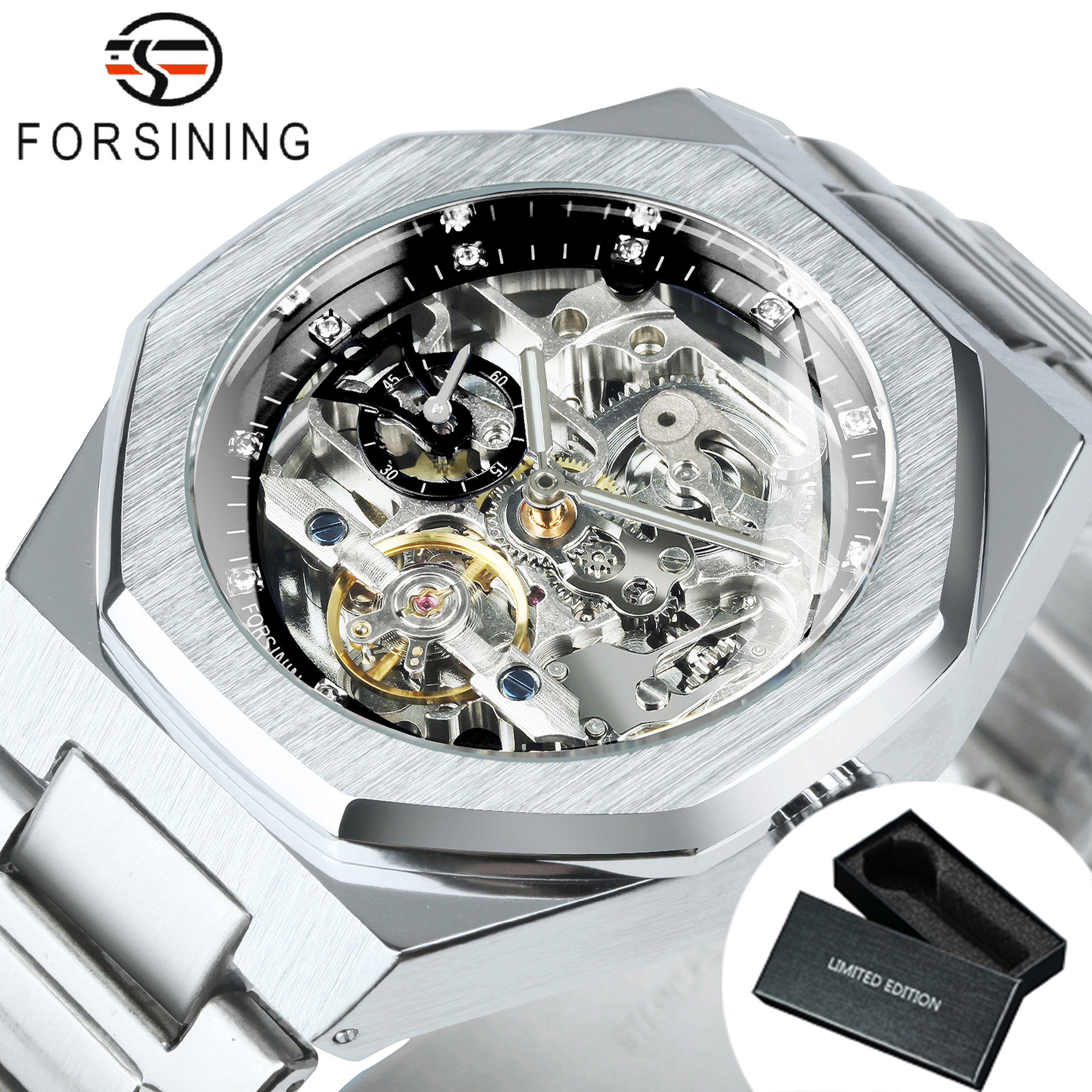Mens Automatic Mechanical Skeleton Watch With Luminous Hands And Stainless Steel Band 7