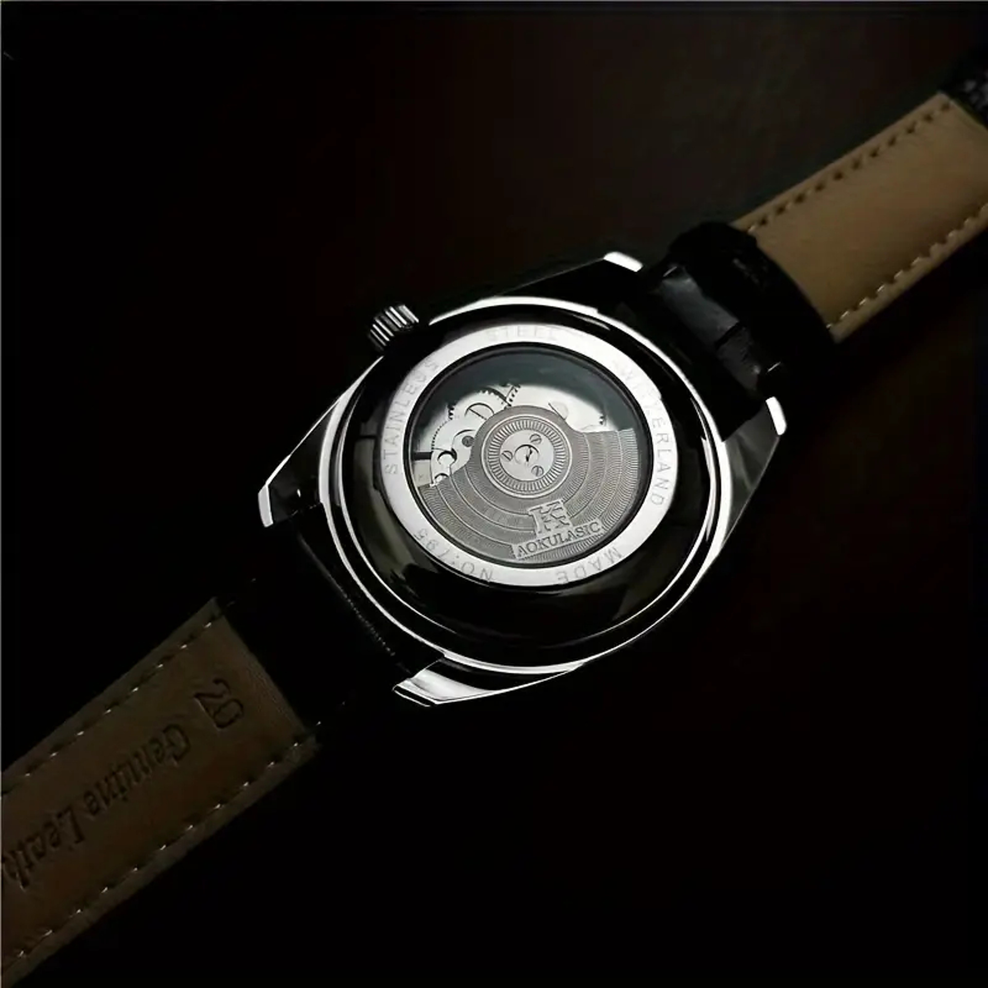 Men's Automatic Mechanical Skeleton Watch with Leather Strap and Moon Phase Pointer – view 2