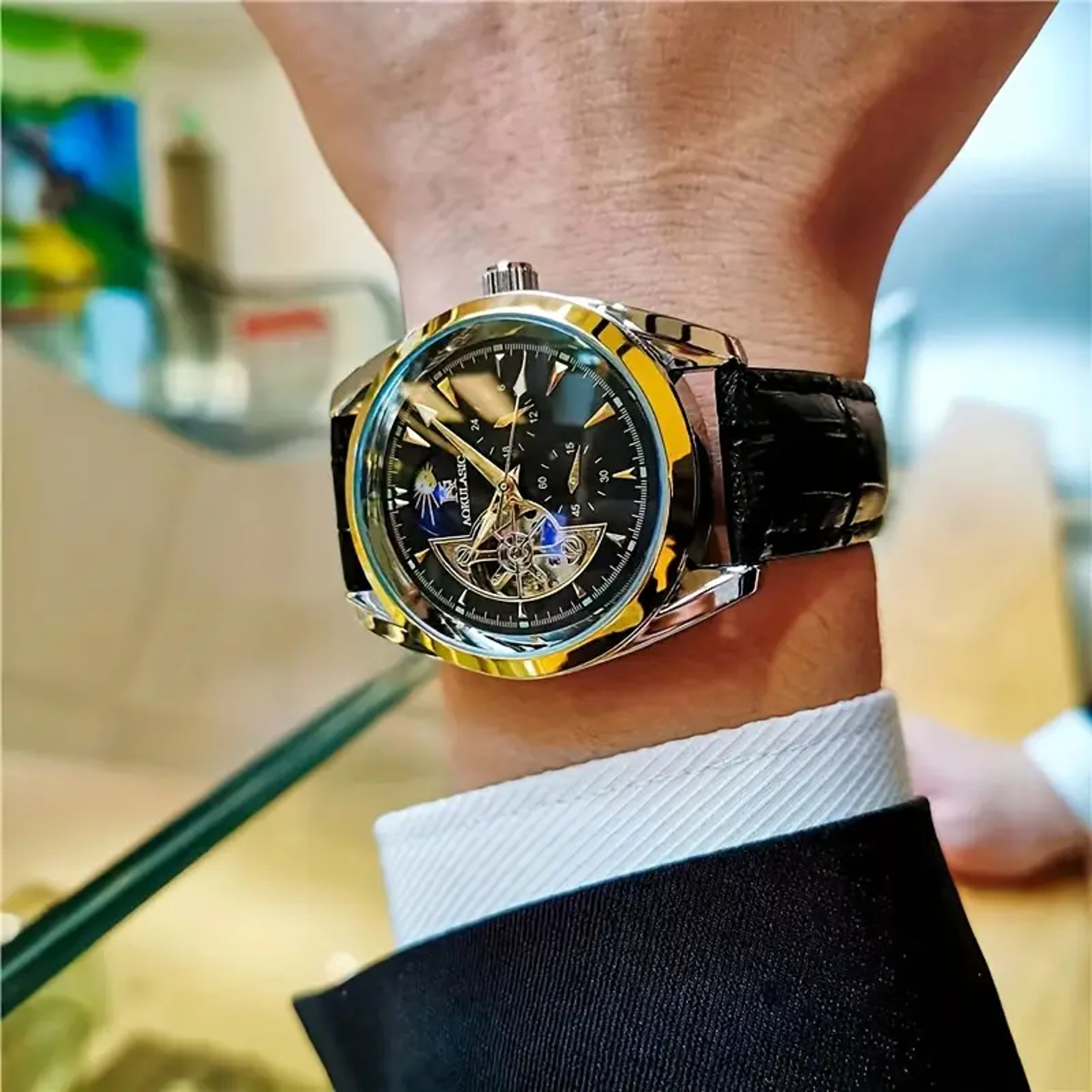 Men's Automatic Mechanical Skeleton Watch with Leather Strap and Moon Phase Pointer – view 5