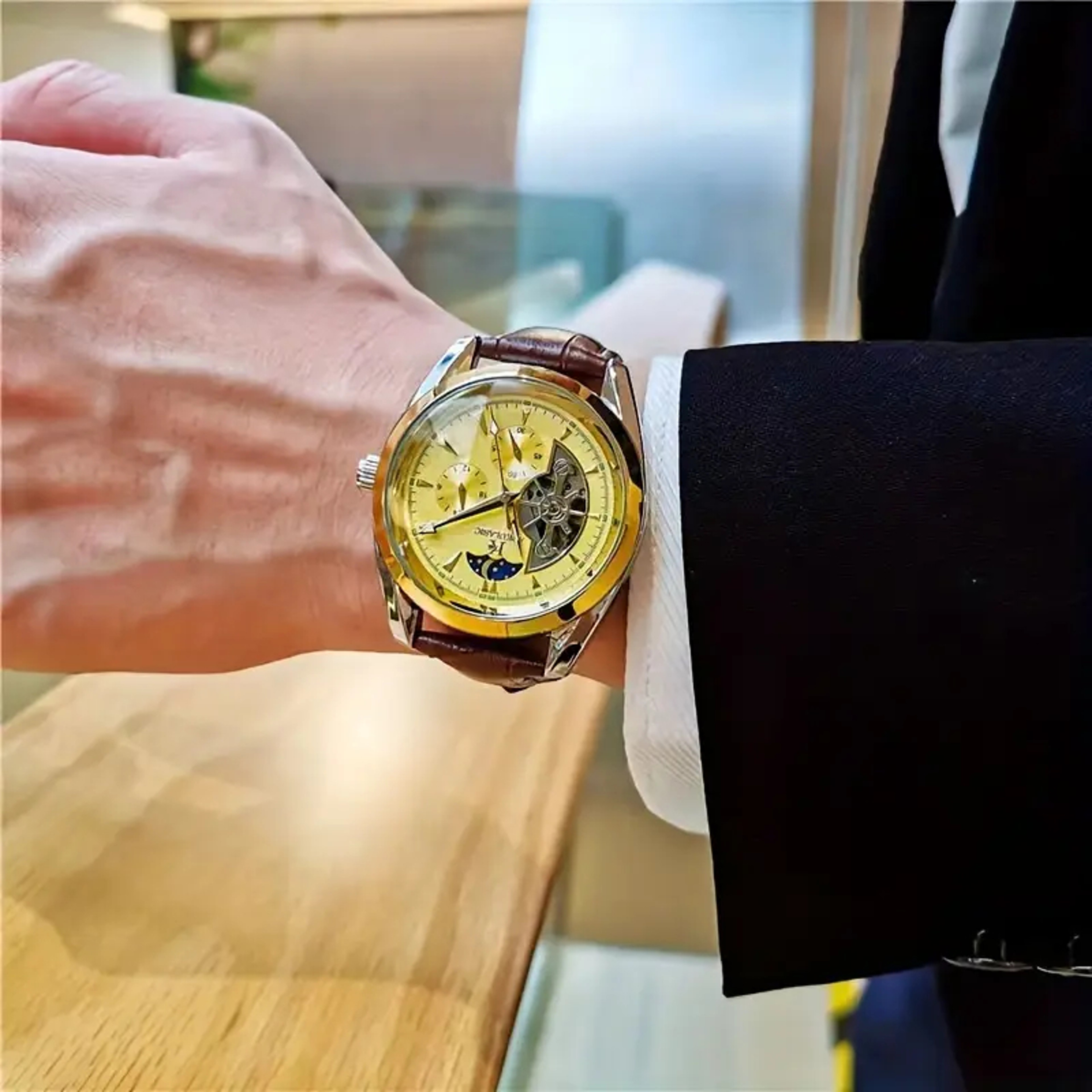 Men's Automatic Mechanical Skeleton Watch with Leather Strap and Moon Phase Pointer – view 7