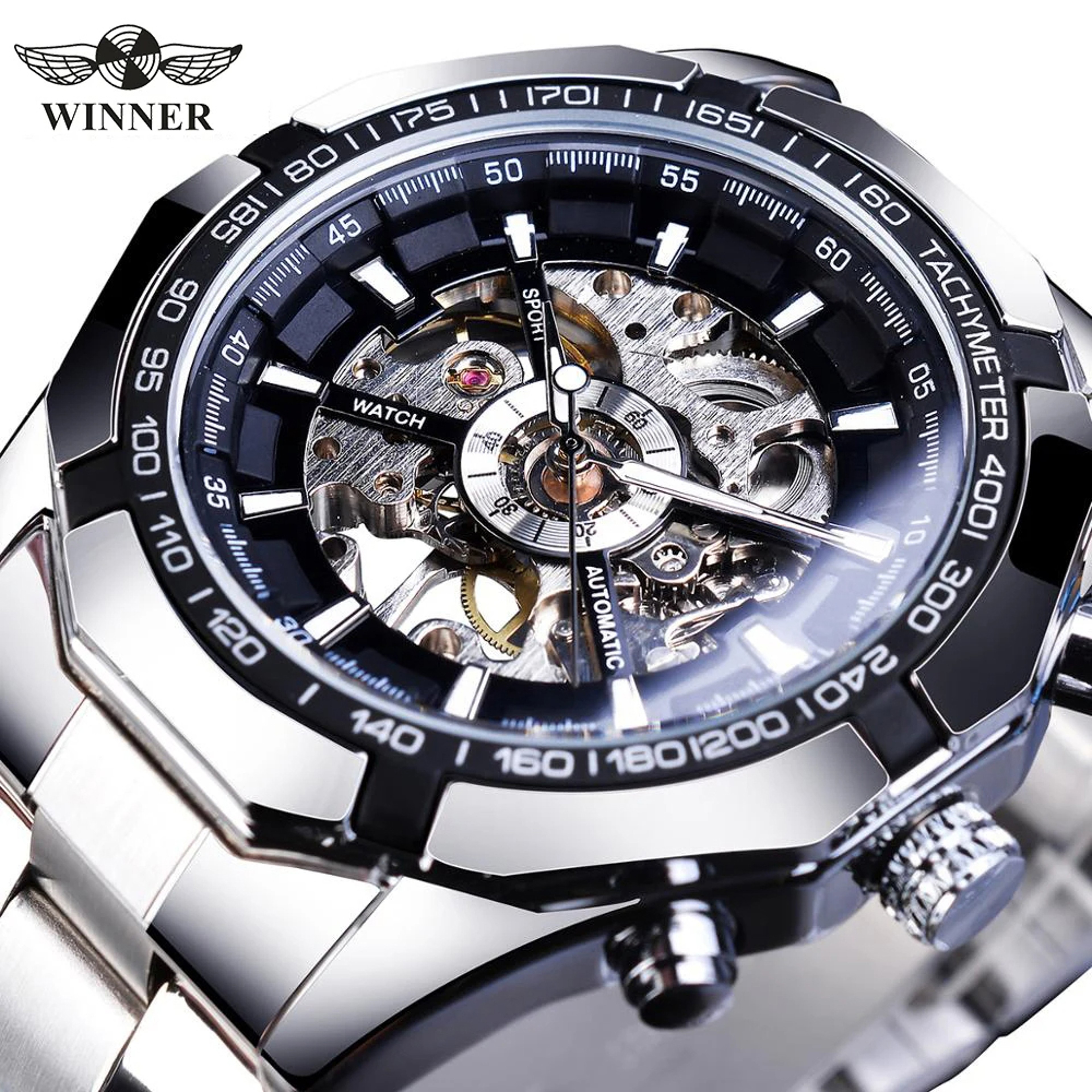Mens Skeleton Mechanical Watch With Luminous Hands And Stainless Steel Band 0