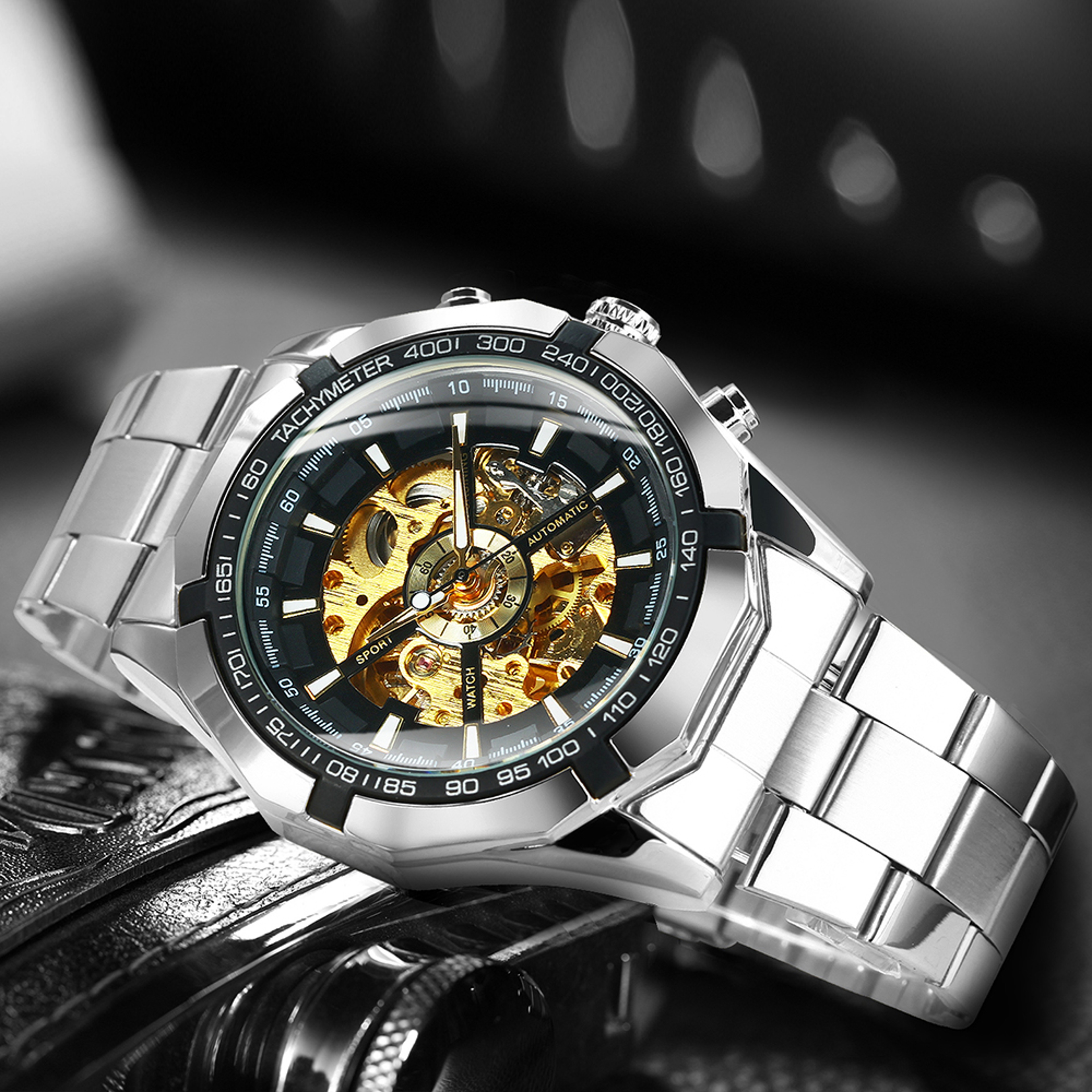 Mens Skeleton Mechanical Watch With Luminous Hands And Stainless Steel Band 3