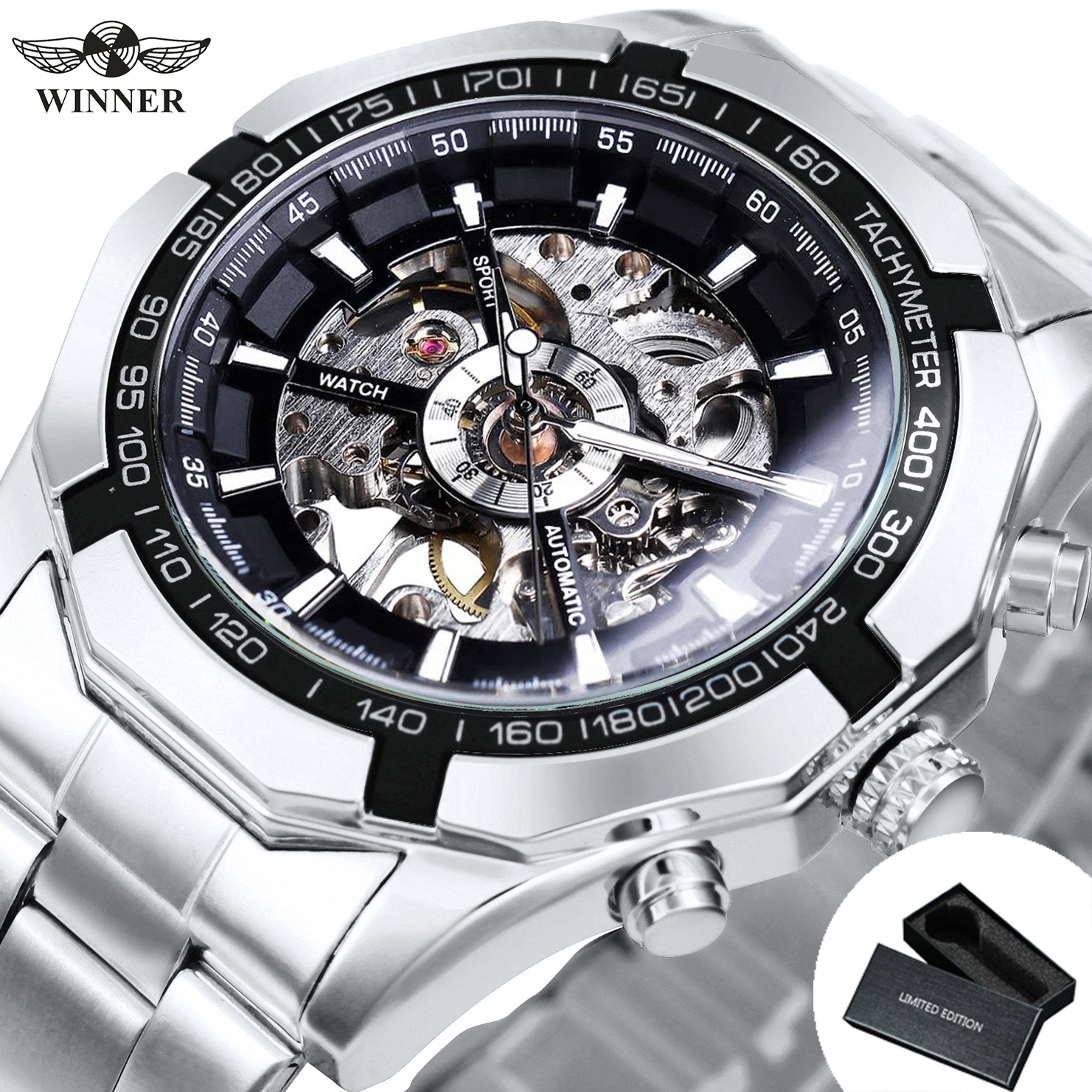Mens Skeleton Mechanical Watch With Luminous Hands And Stainless Steel Band 8