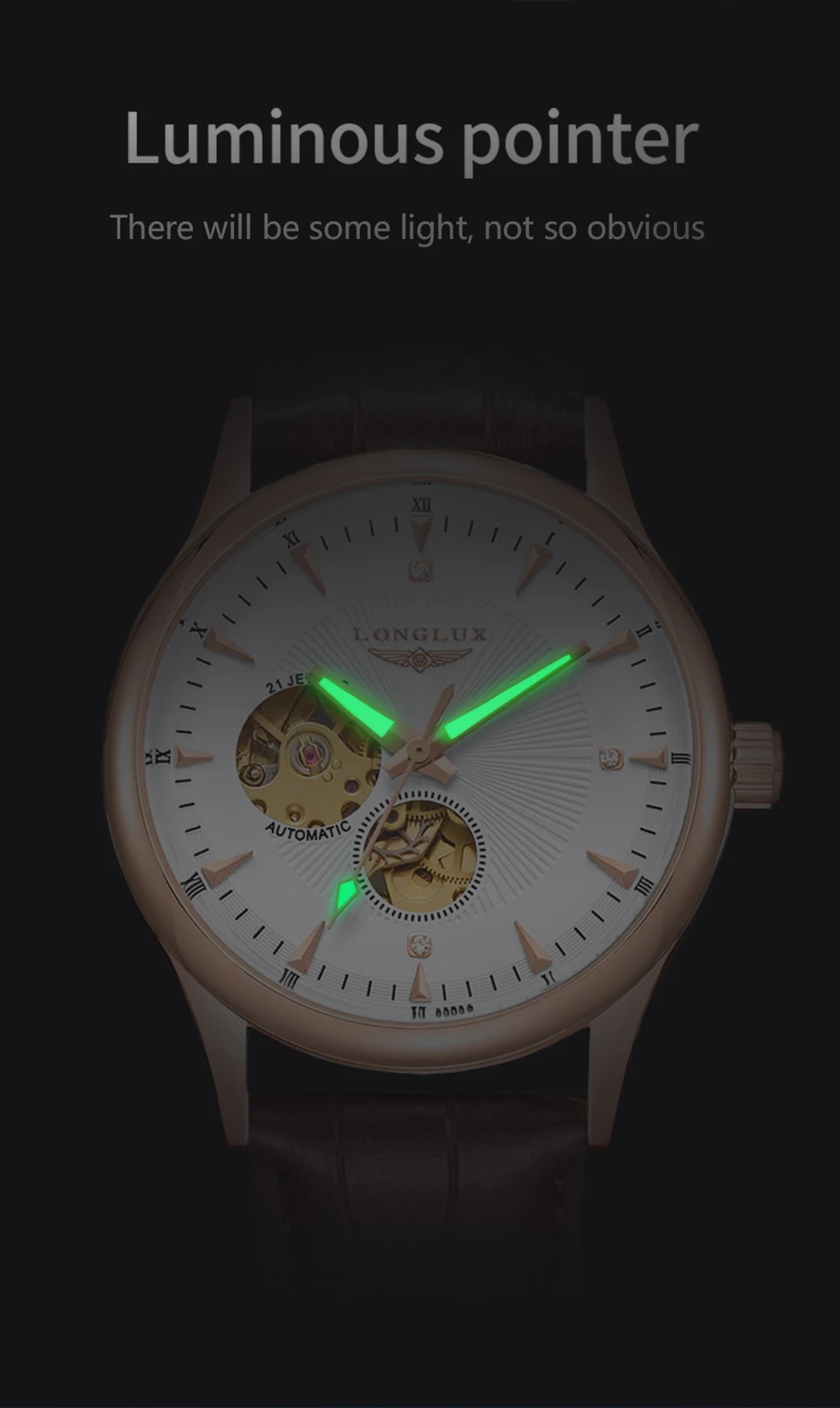 Men's Automatic Skeleton Mechanical Watch with Leather Strap and Luminous Dial – view 4