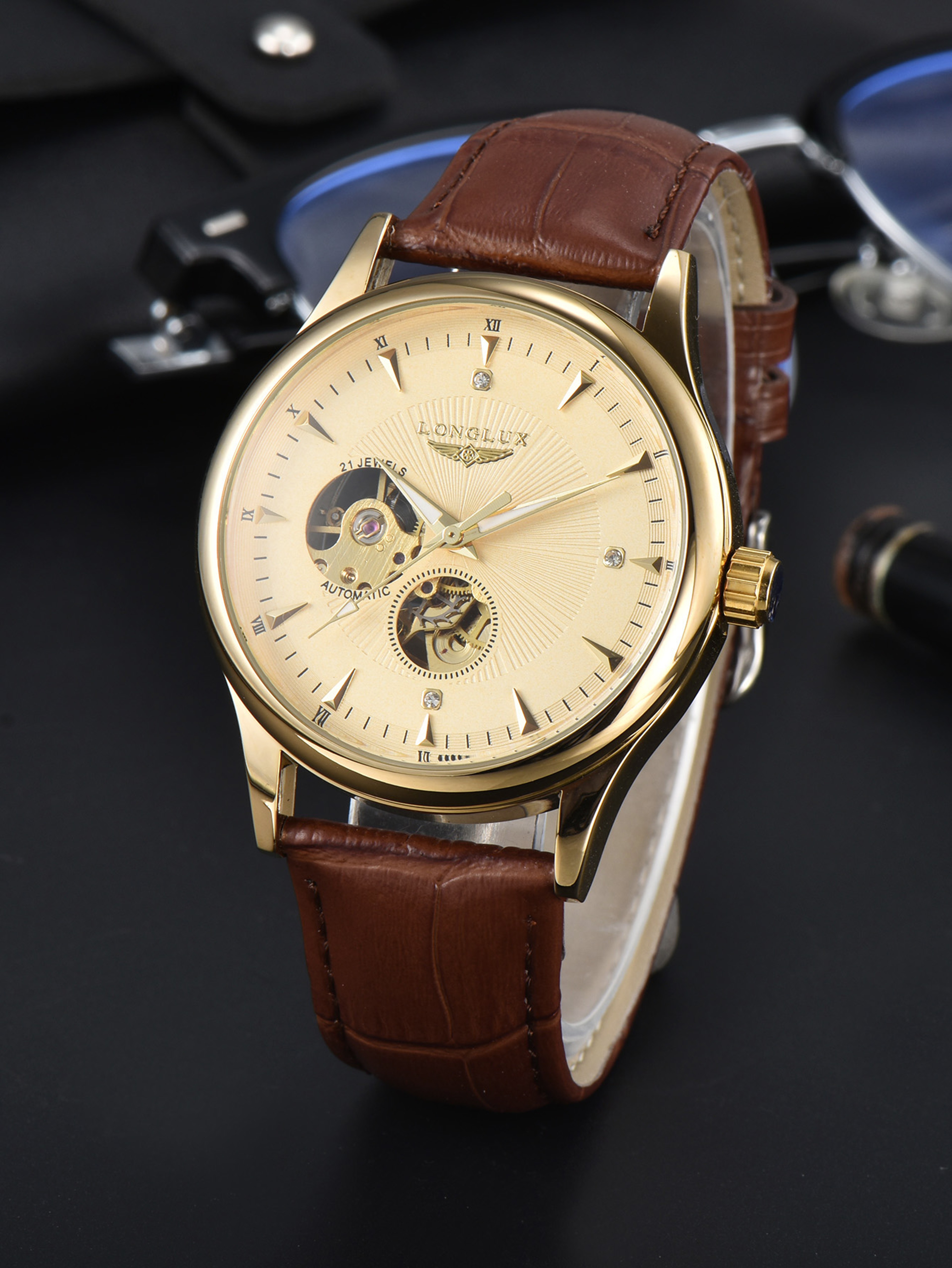 Men's Automatic Skeleton Mechanical Watch with Leather Strap and Luminous Dial – view 12