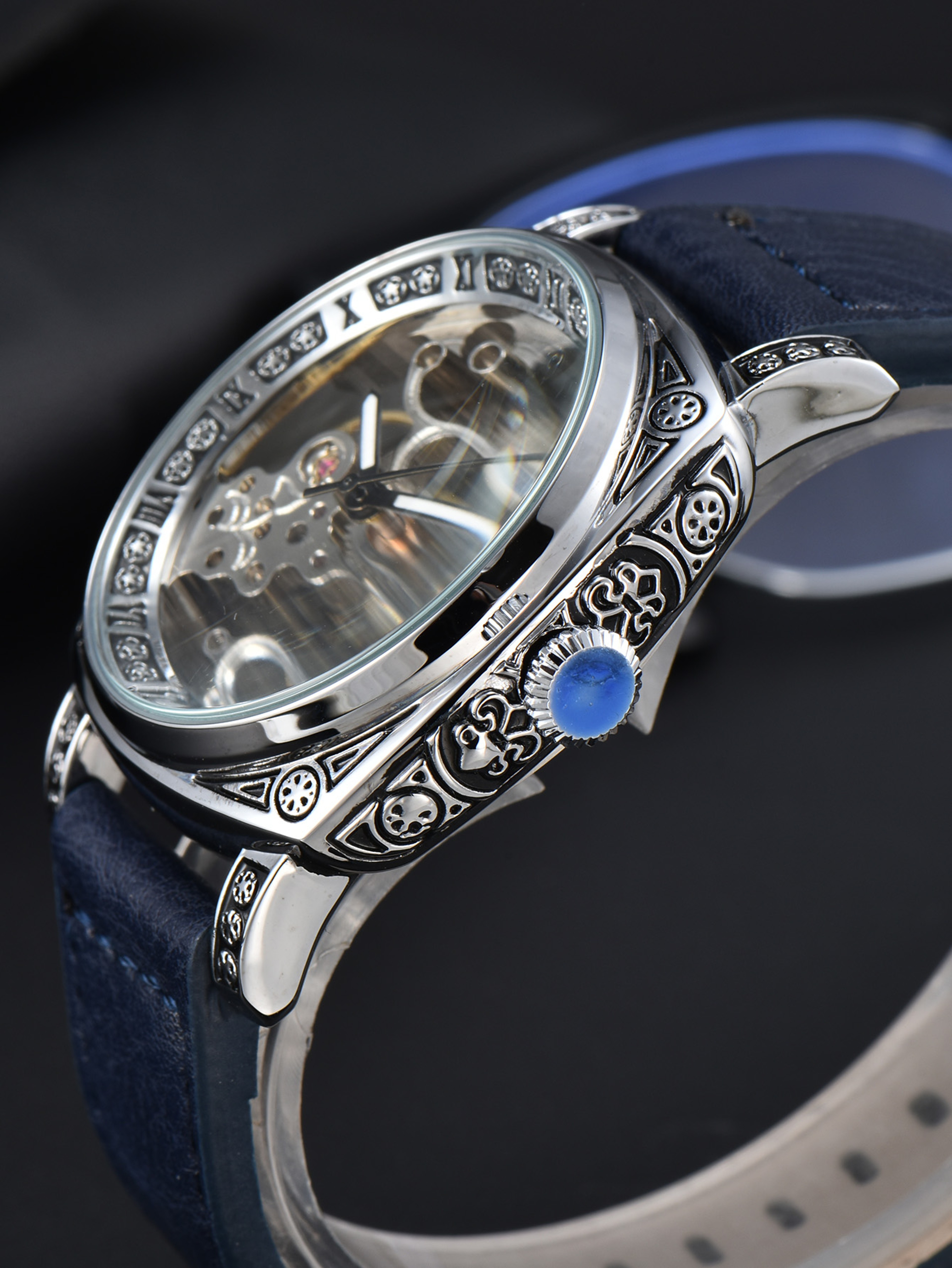 Men's Automatic Mechanical Skeleton Watch with Square Case and Leather Strap – view 2