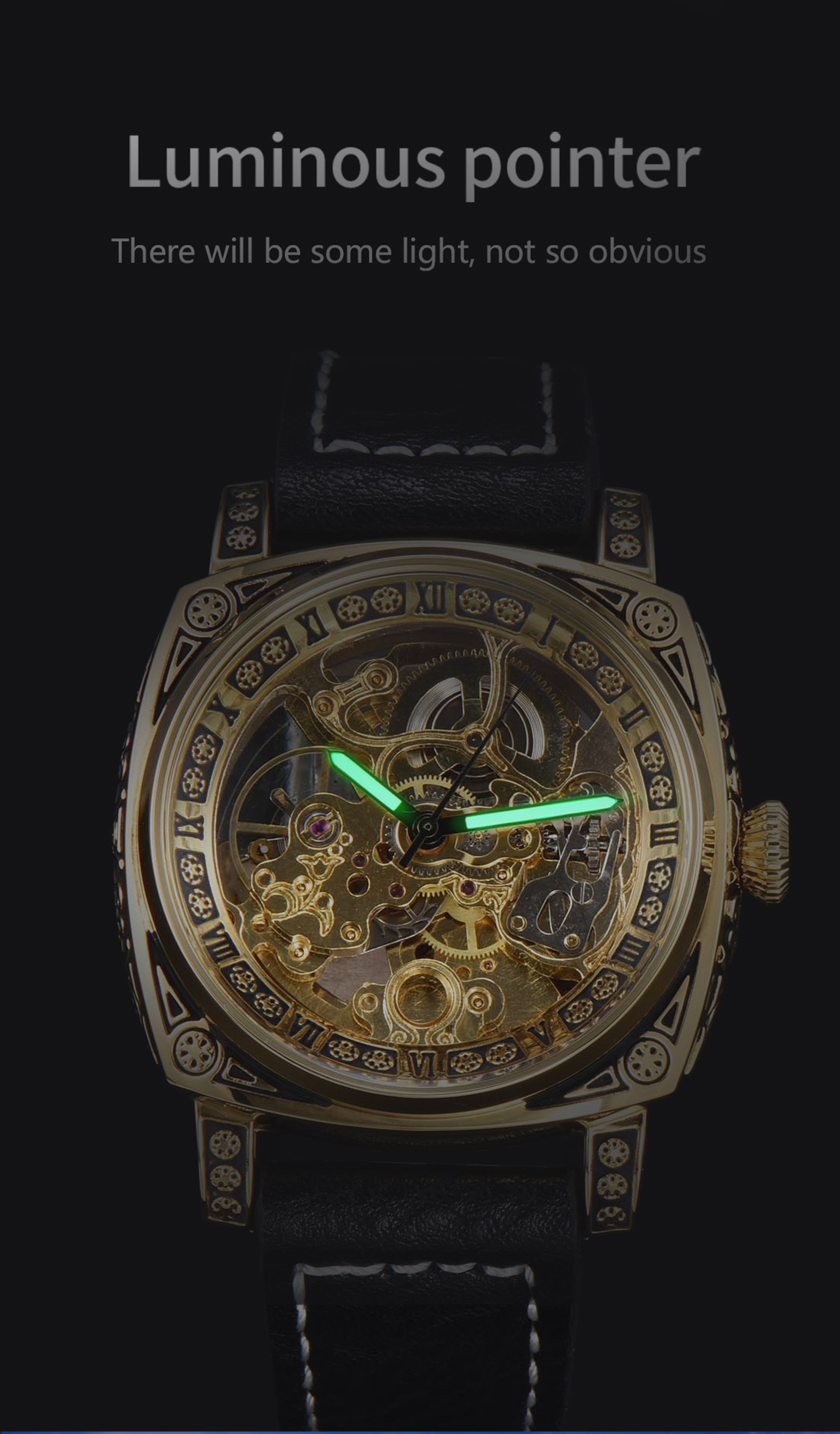 Men's Automatic Mechanical Skeleton Watch with Square Case and Leather Strap – view 3