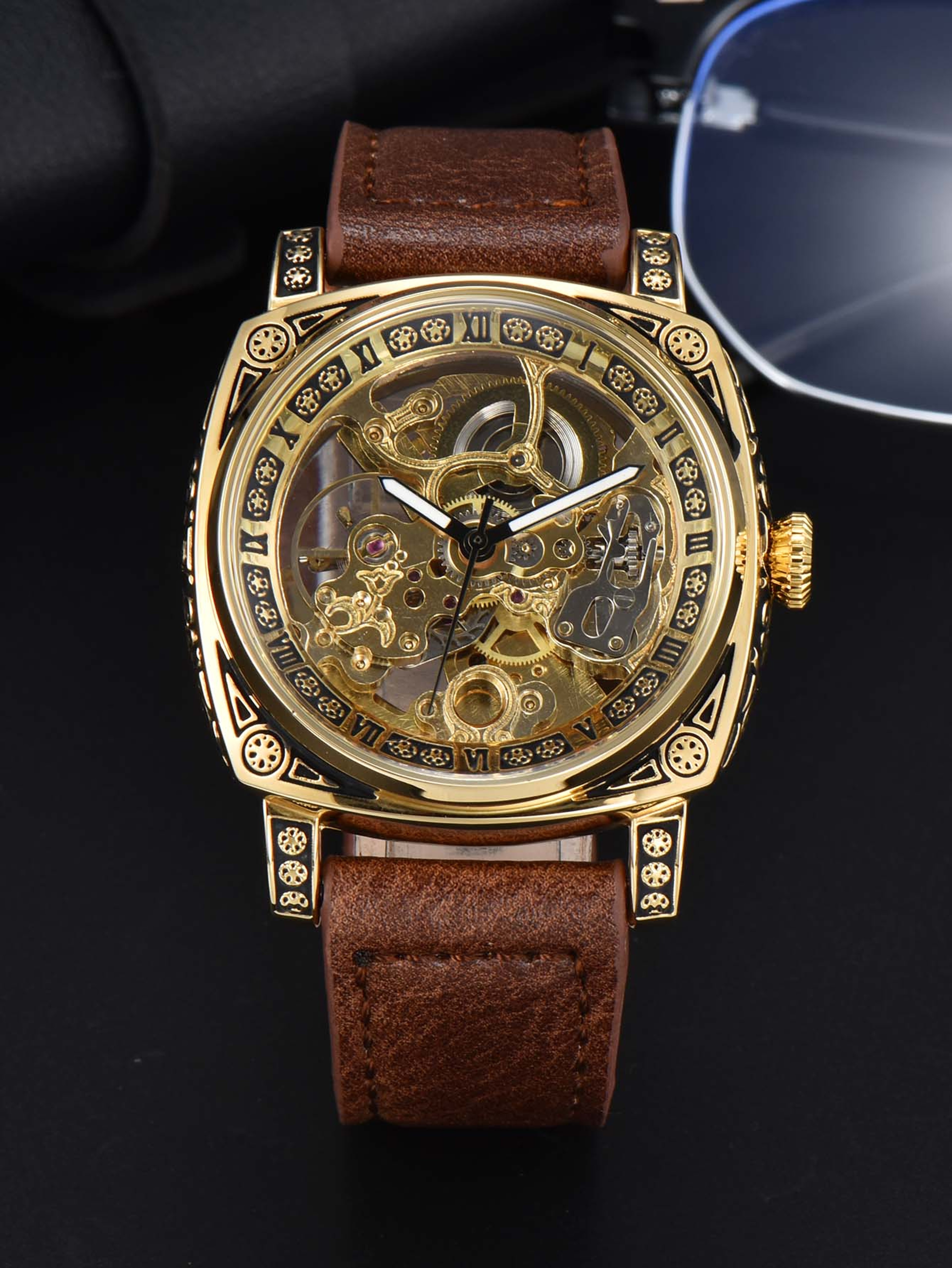 Men's Automatic Mechanical Skeleton Watch with Square Case and Leather Strap – view 9