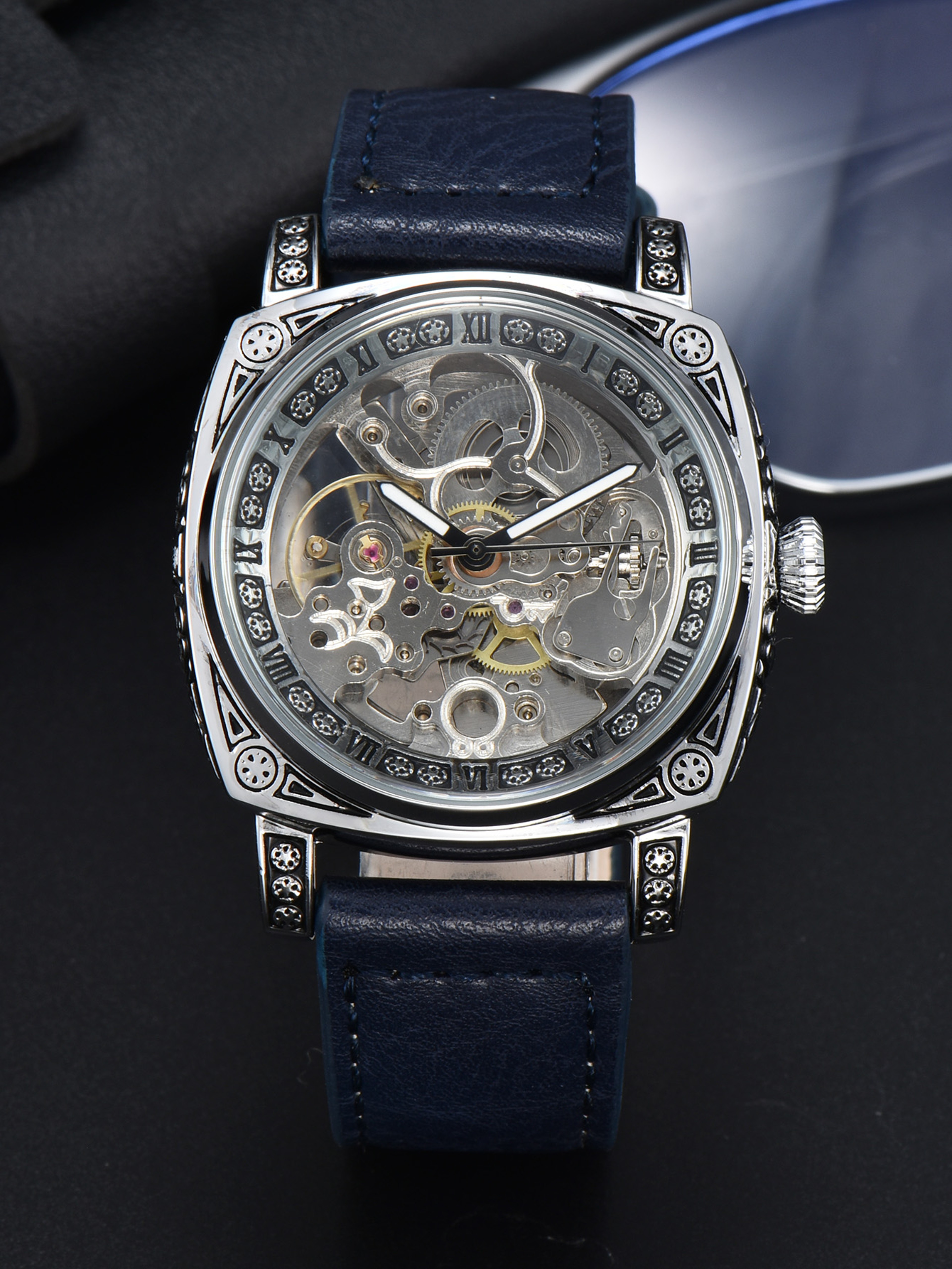 Men's Automatic Mechanical Skeleton Watch with Square Case and Leather Strap – view 10