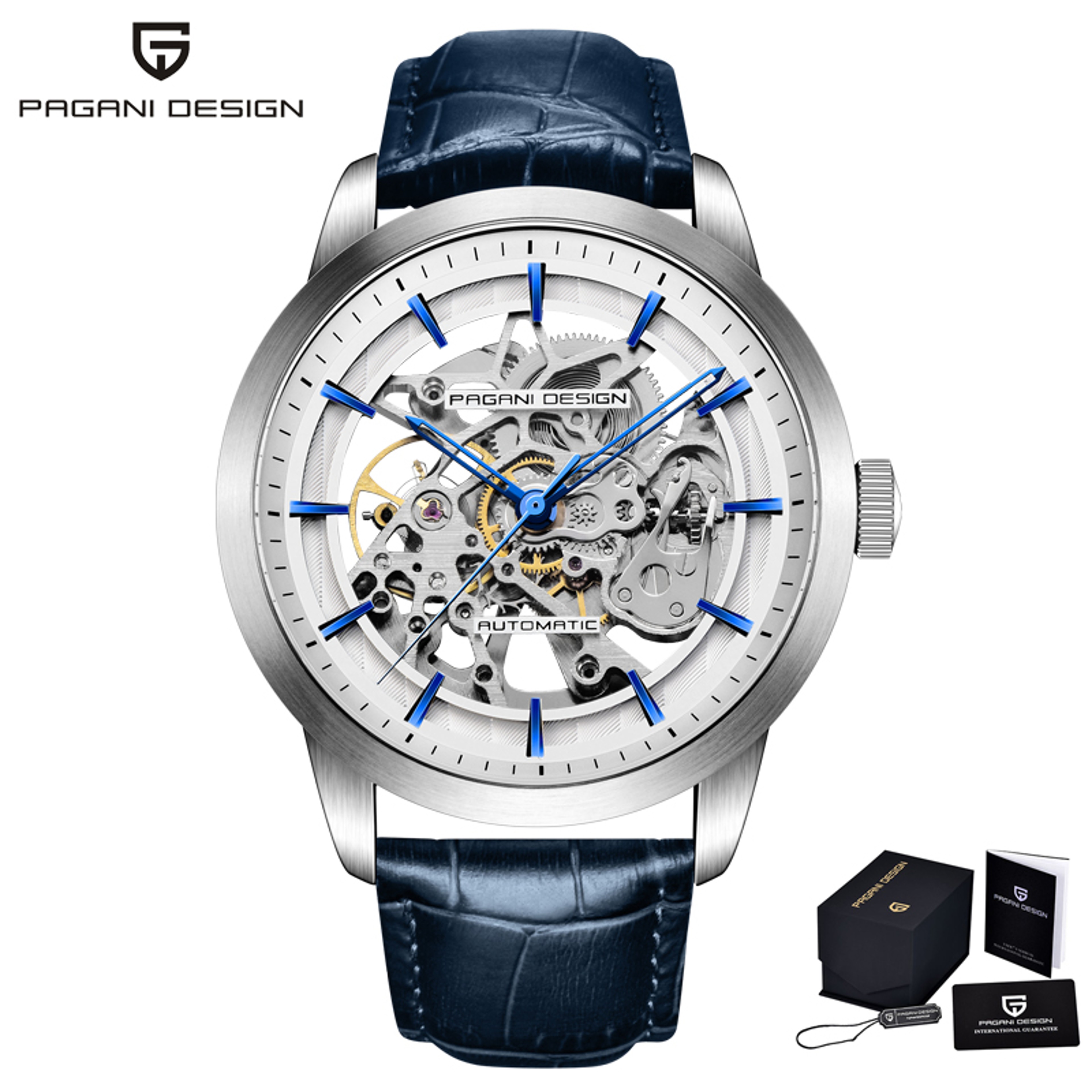 Mens Automatic Skeleton Mechanical Watch with Blue Leather Strap – view 7
