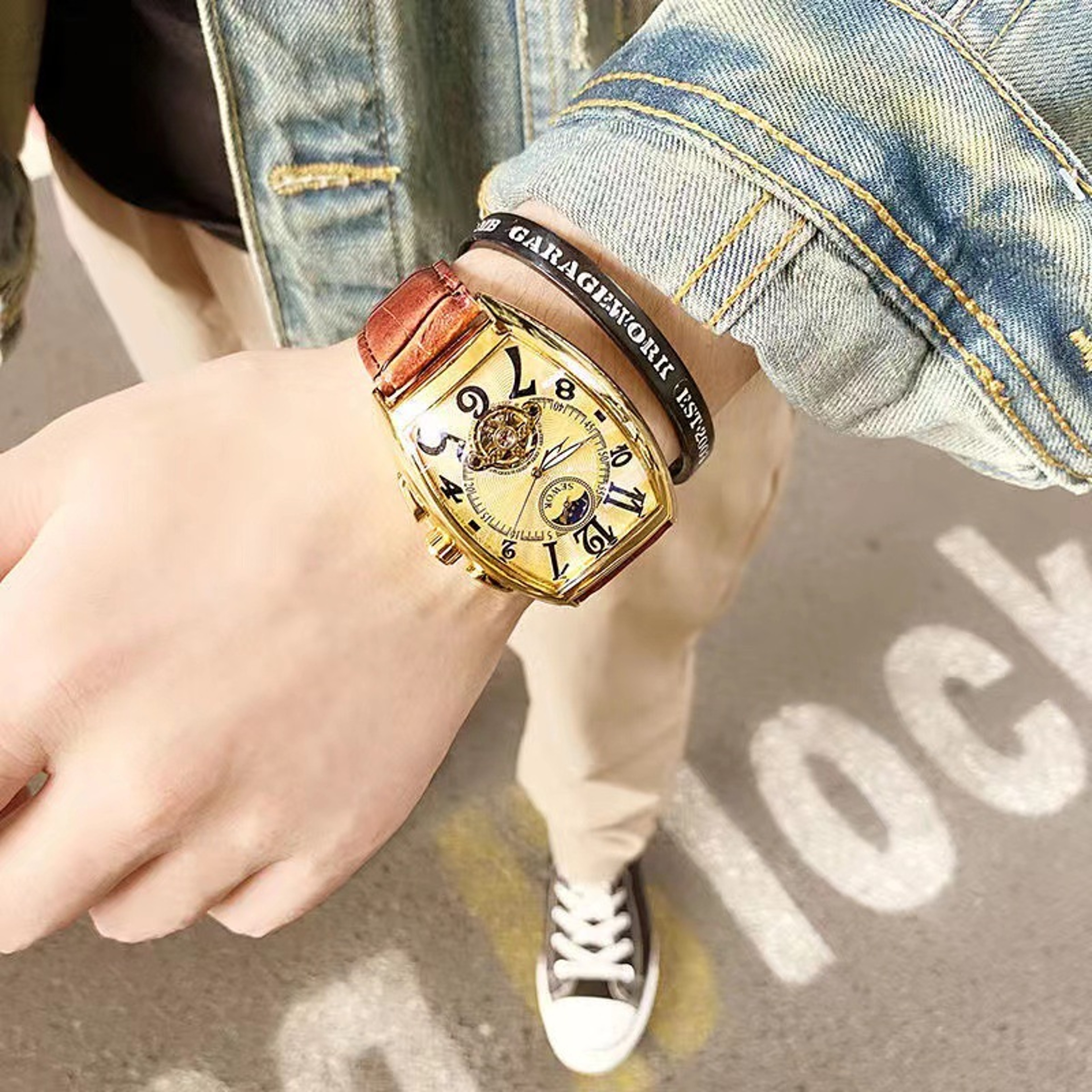 Men's Automatic Mechanical Skeleton Watch with Tonneau Case and Leather Band – view 5
