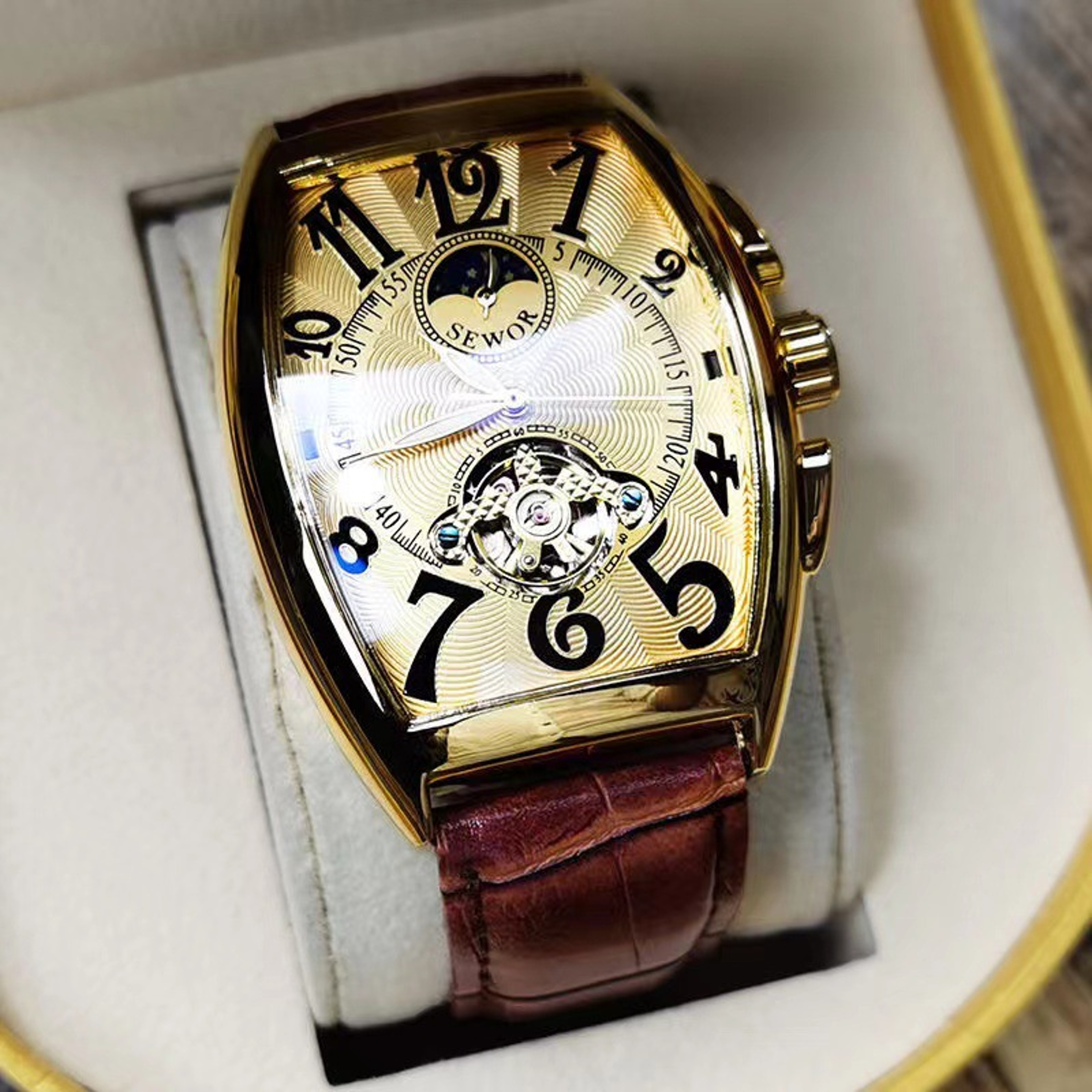 Men's Automatic Mechanical Skeleton Watch with Tonneau Case and Leather Band – view 11