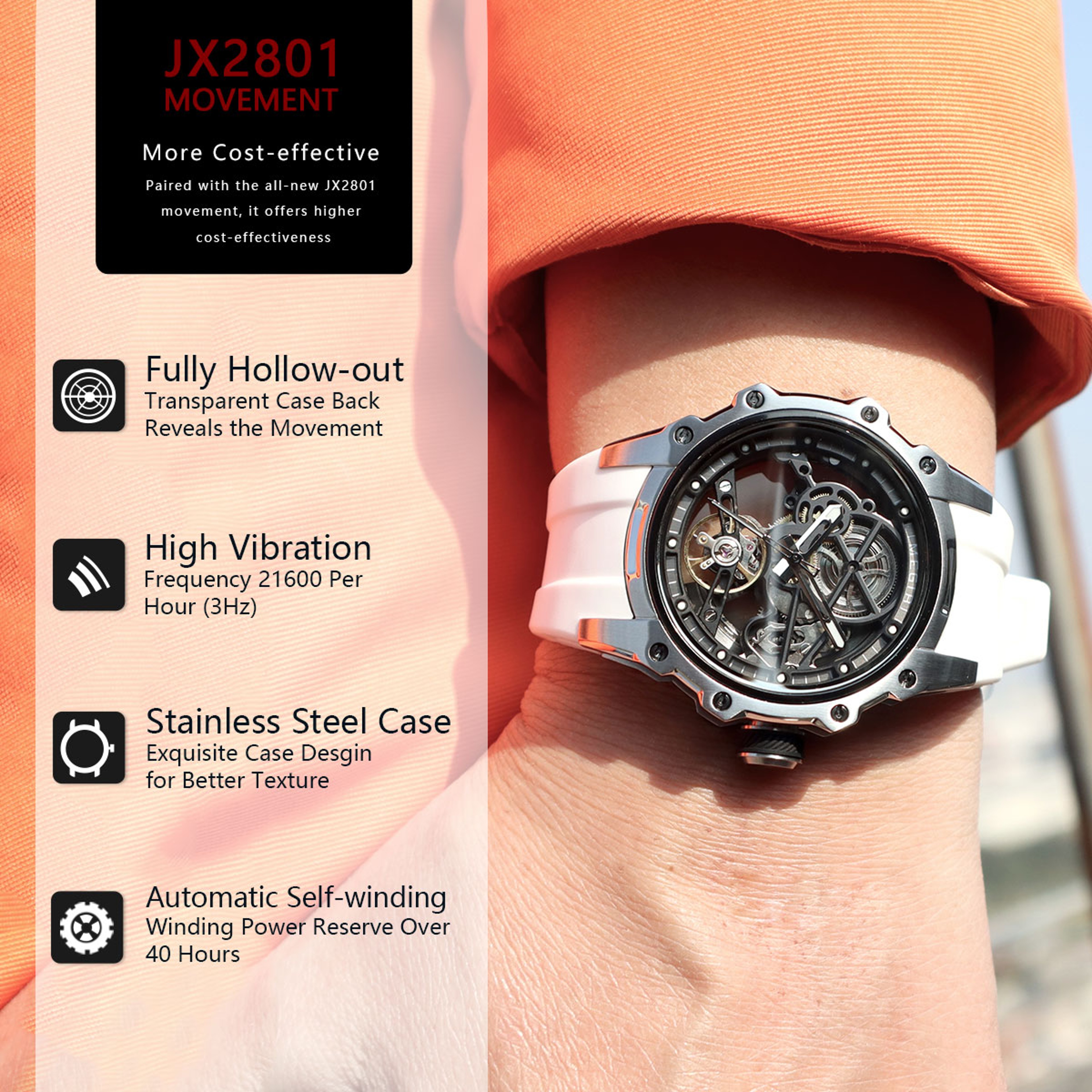 Men Automatic Mechanical Skeleton Watch with Stainless Steel Case and Silicone Strap – view 5