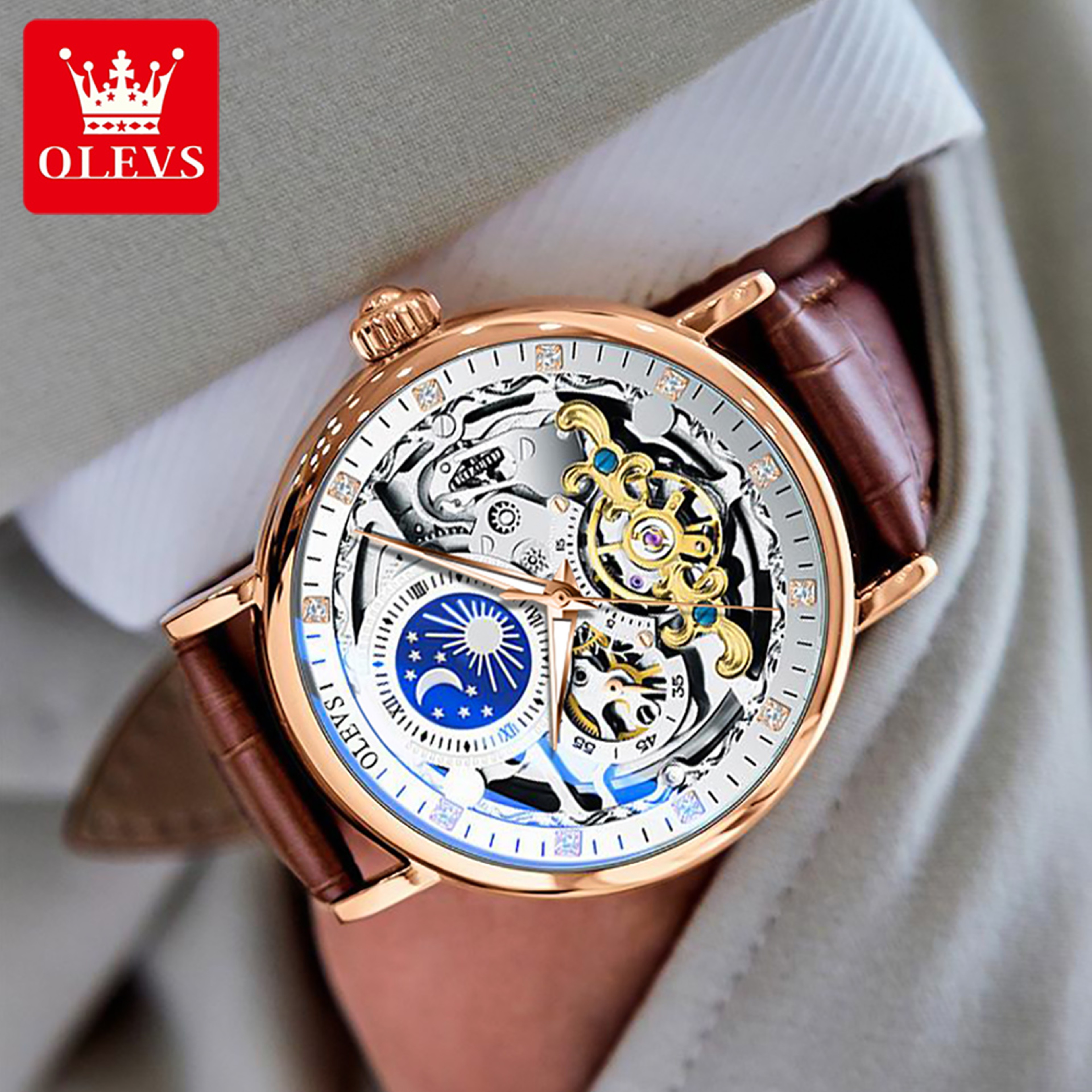 Men's Automatic Skeleton Watch with Moon Phase Dial and Leather Strap – view 5