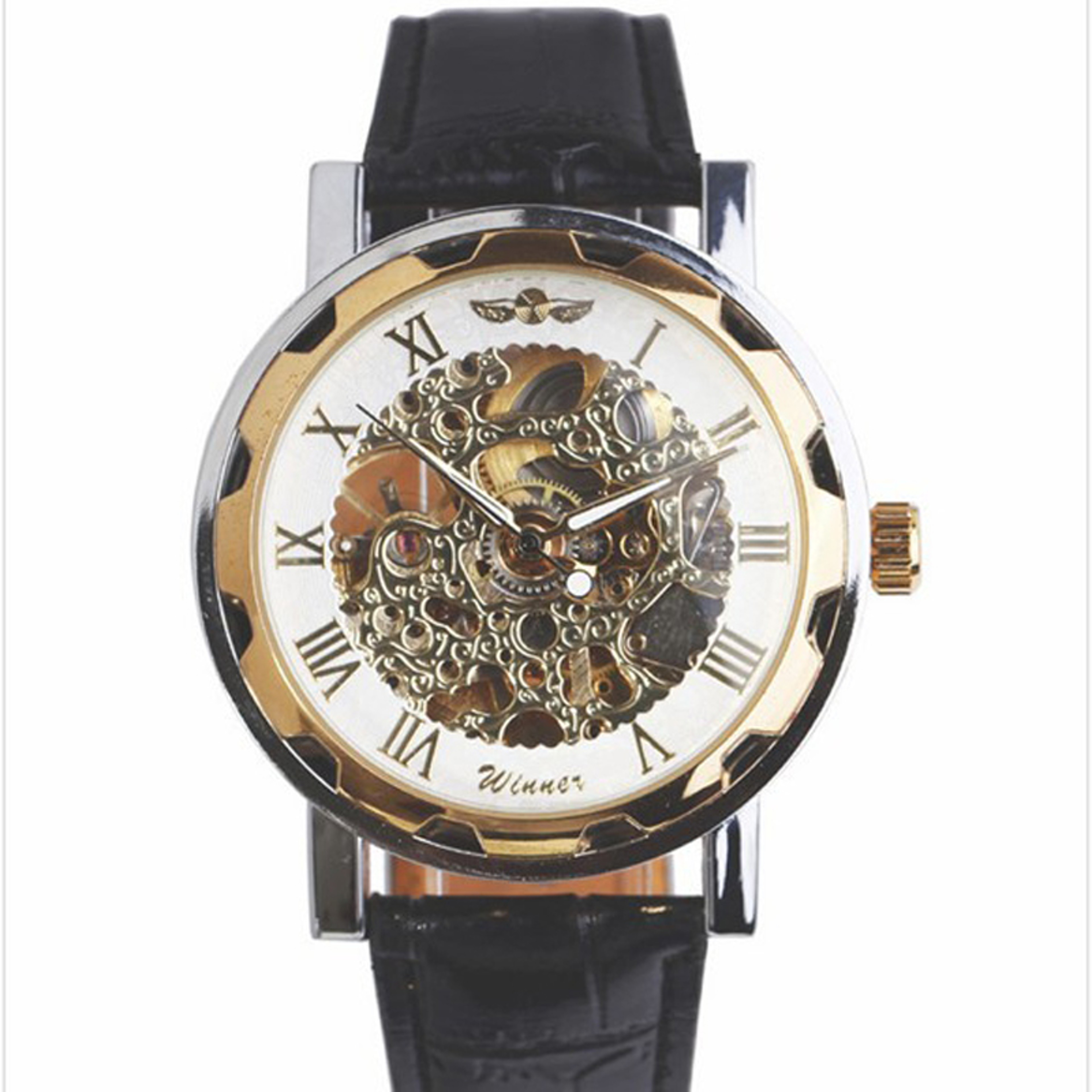 Men's Skeleton Mechanical Watch with Black PU Leather Band and Stainless Steel Case – view 4