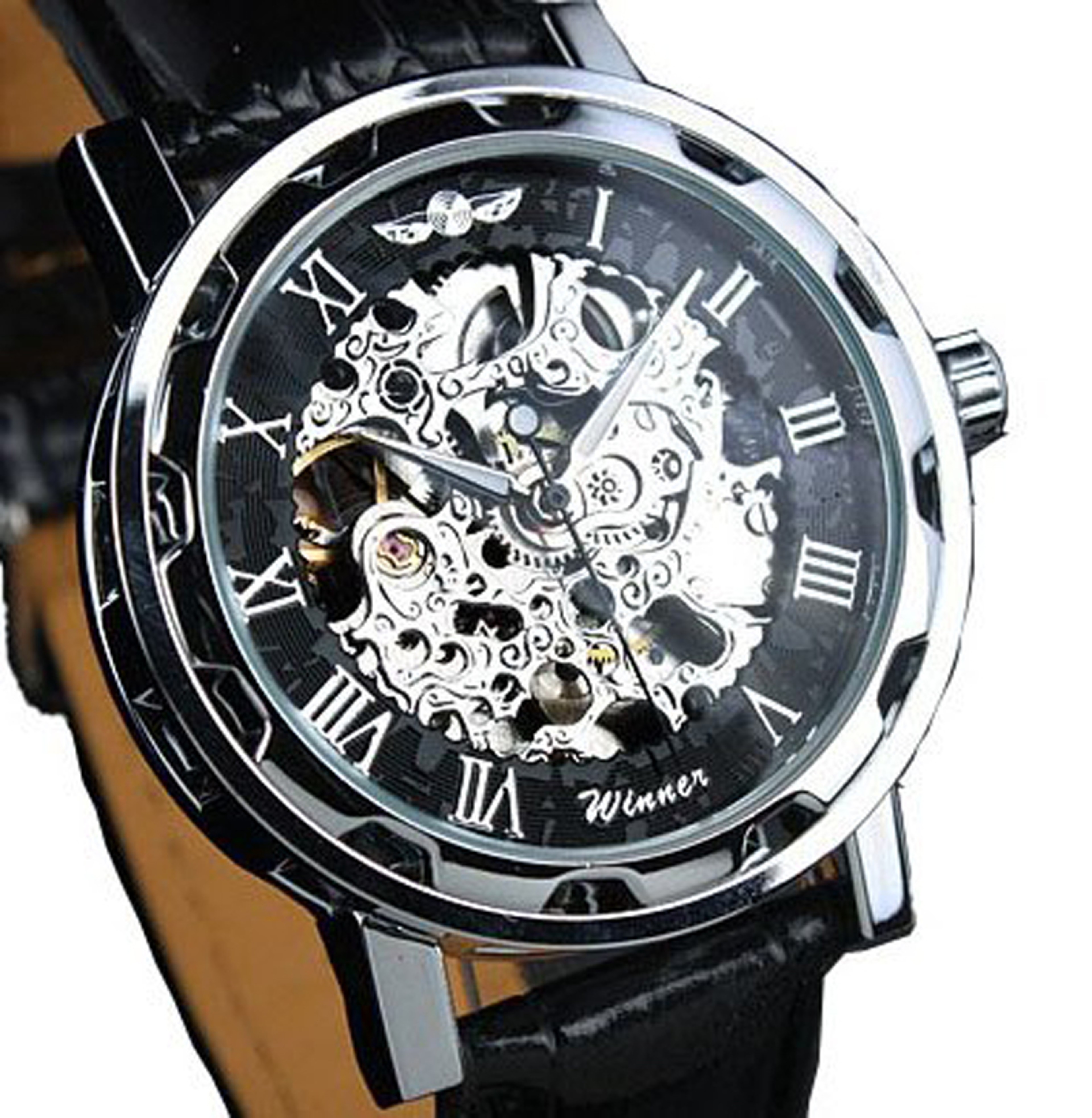 Men's Skeleton Mechanical Watch with Black PU Leather Band and Stainless Steel Case – view 14