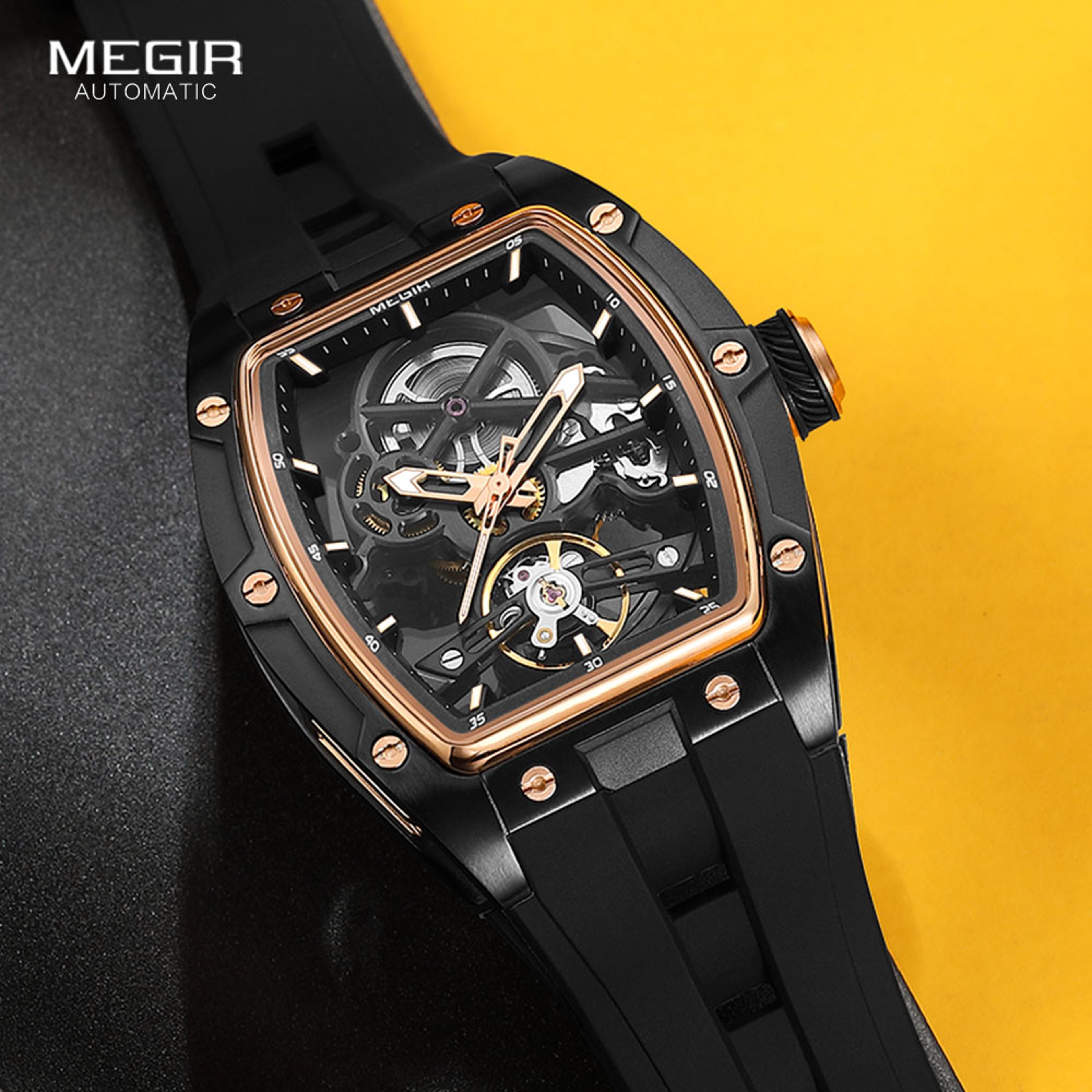 Mens Automatic Mechanical Watch with Blue Skeleton Dial and Silicone Strap – view 3