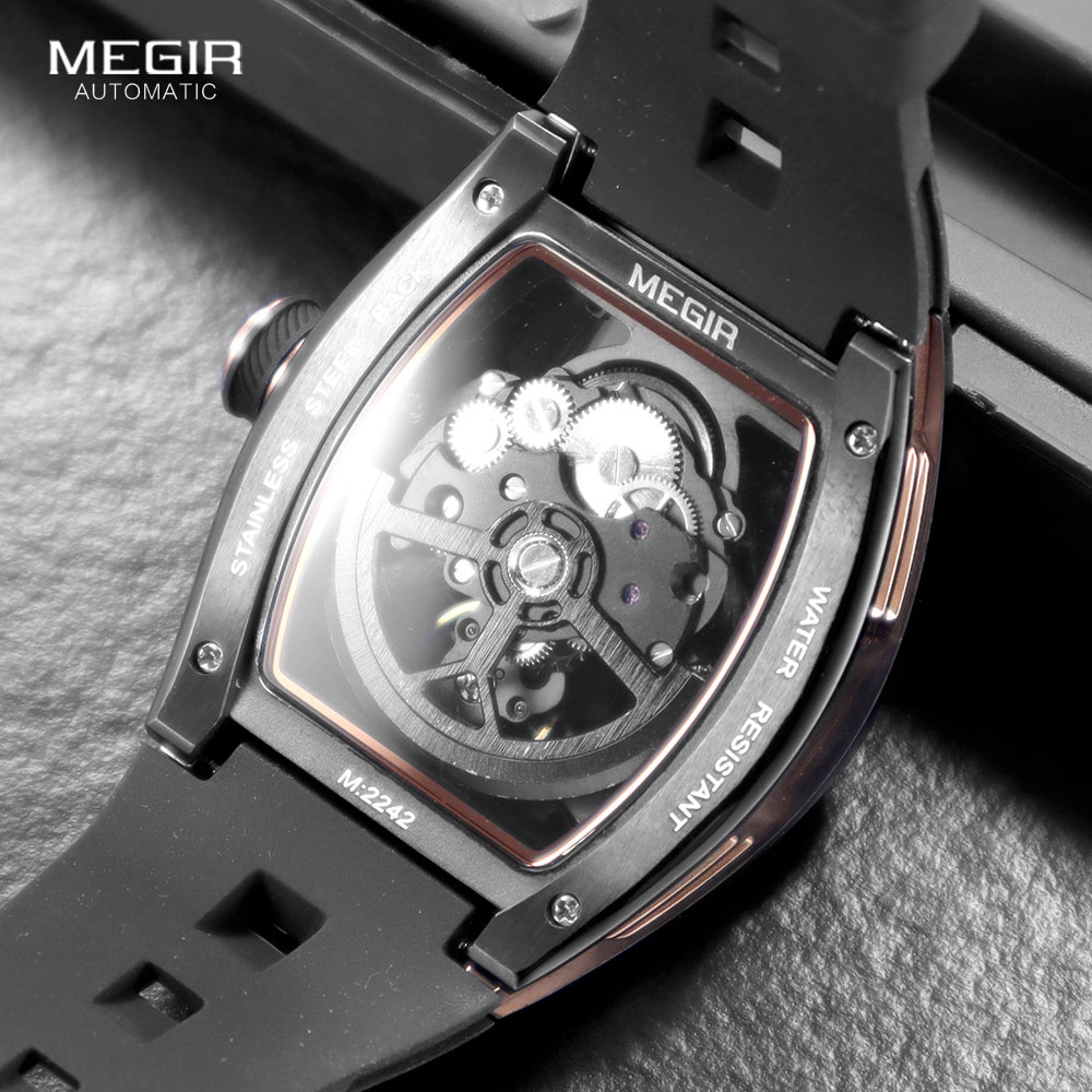 Mens Automatic Mechanical Watch with Blue Skeleton Dial and Silicone Strap – view 4