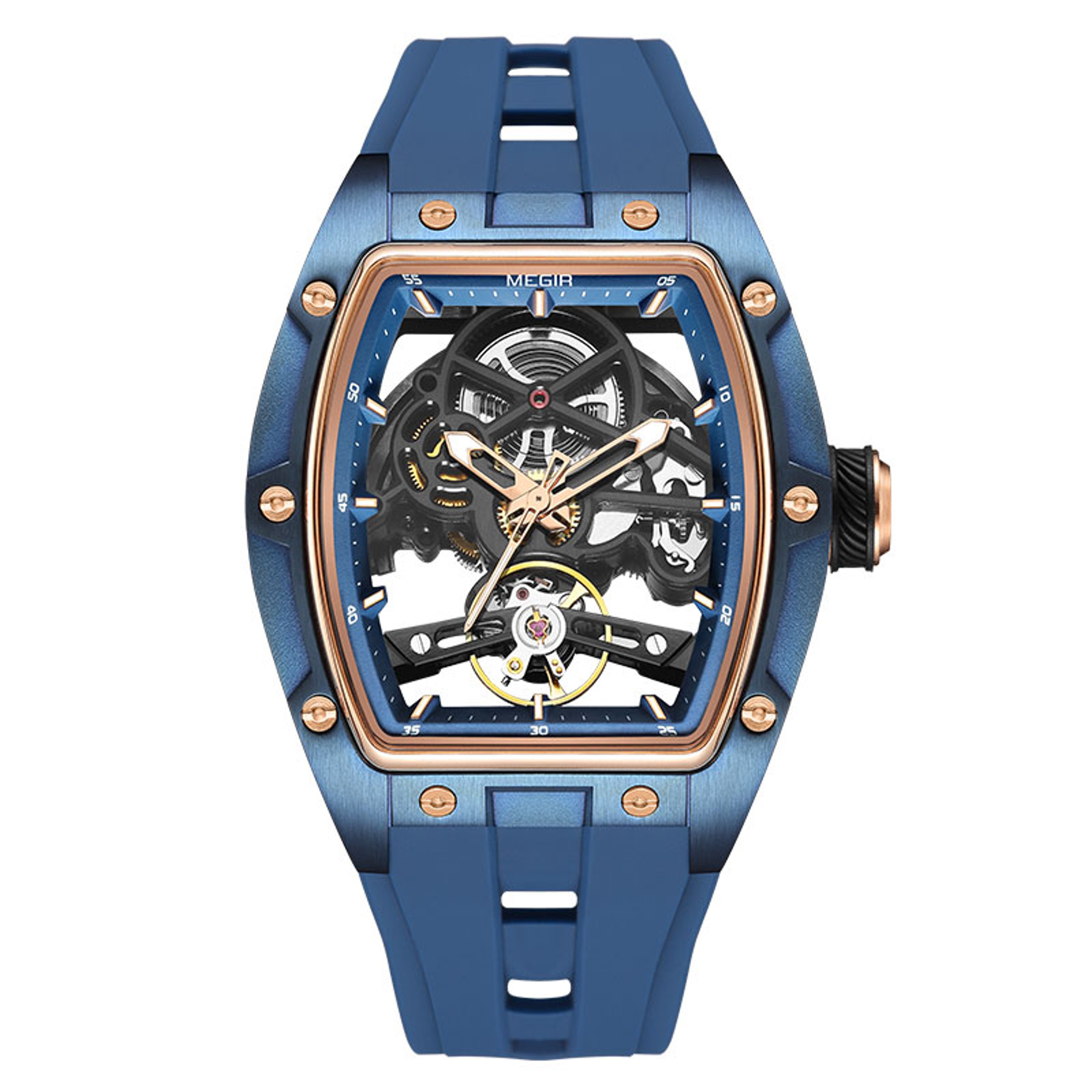 Mens Automatic Mechanical Watch with Blue Skeleton Dial and Silicone Strap – view 13