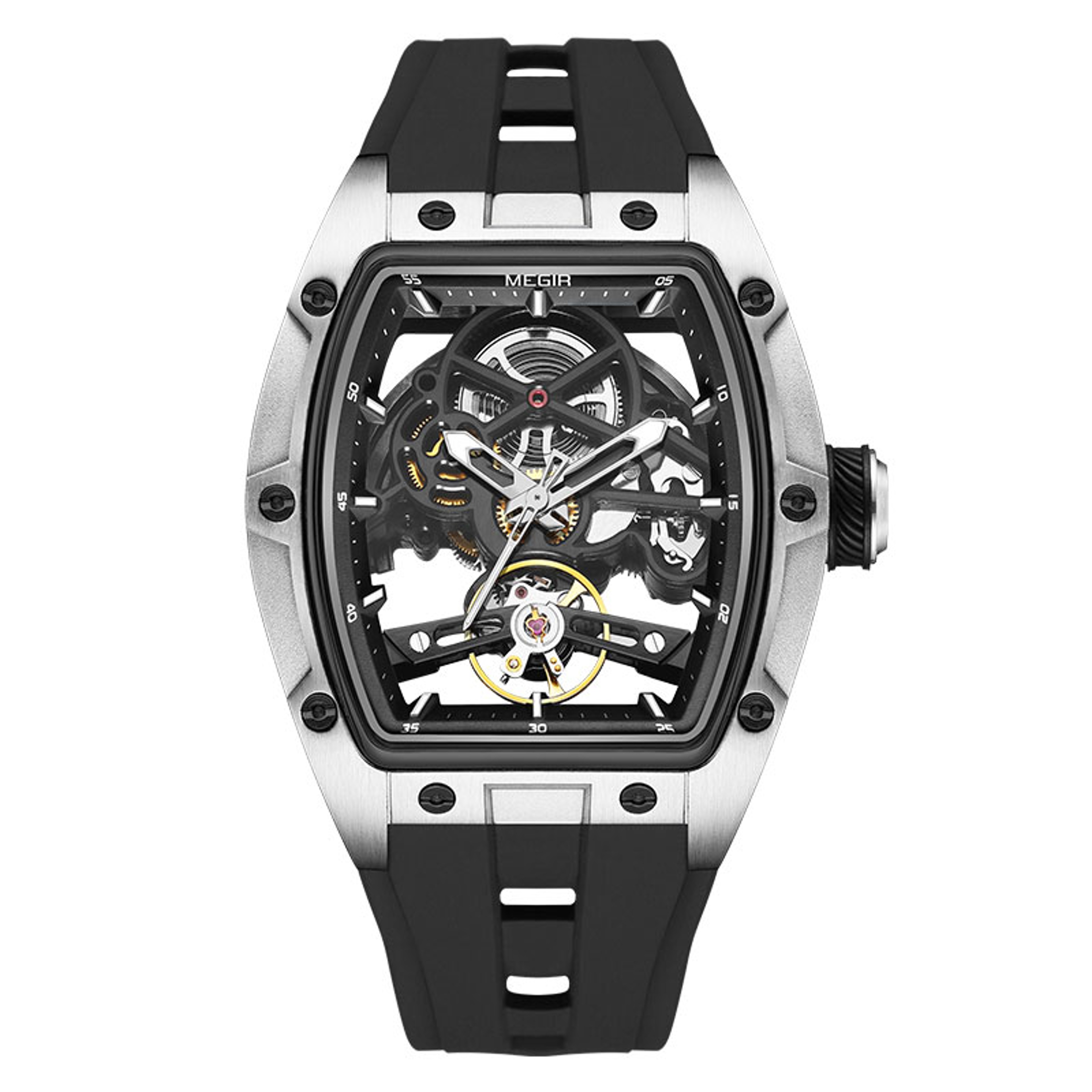 Mens Automatic Mechanical Watch with Blue Skeleton Dial and Silicone Strap – view 12