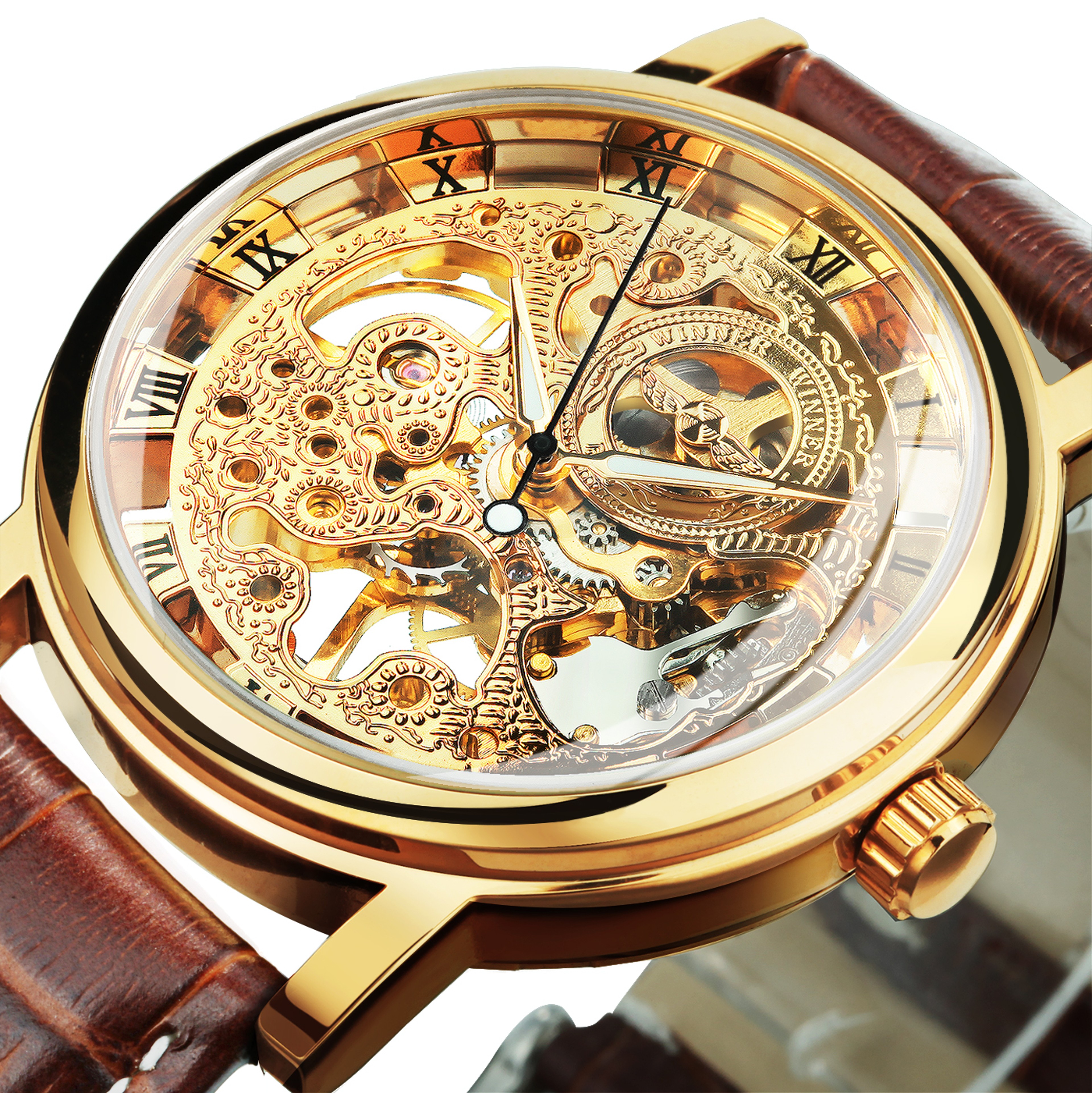 Mens Skeleton Mechanical Watch With Leather Strap And Luminous Hands 0