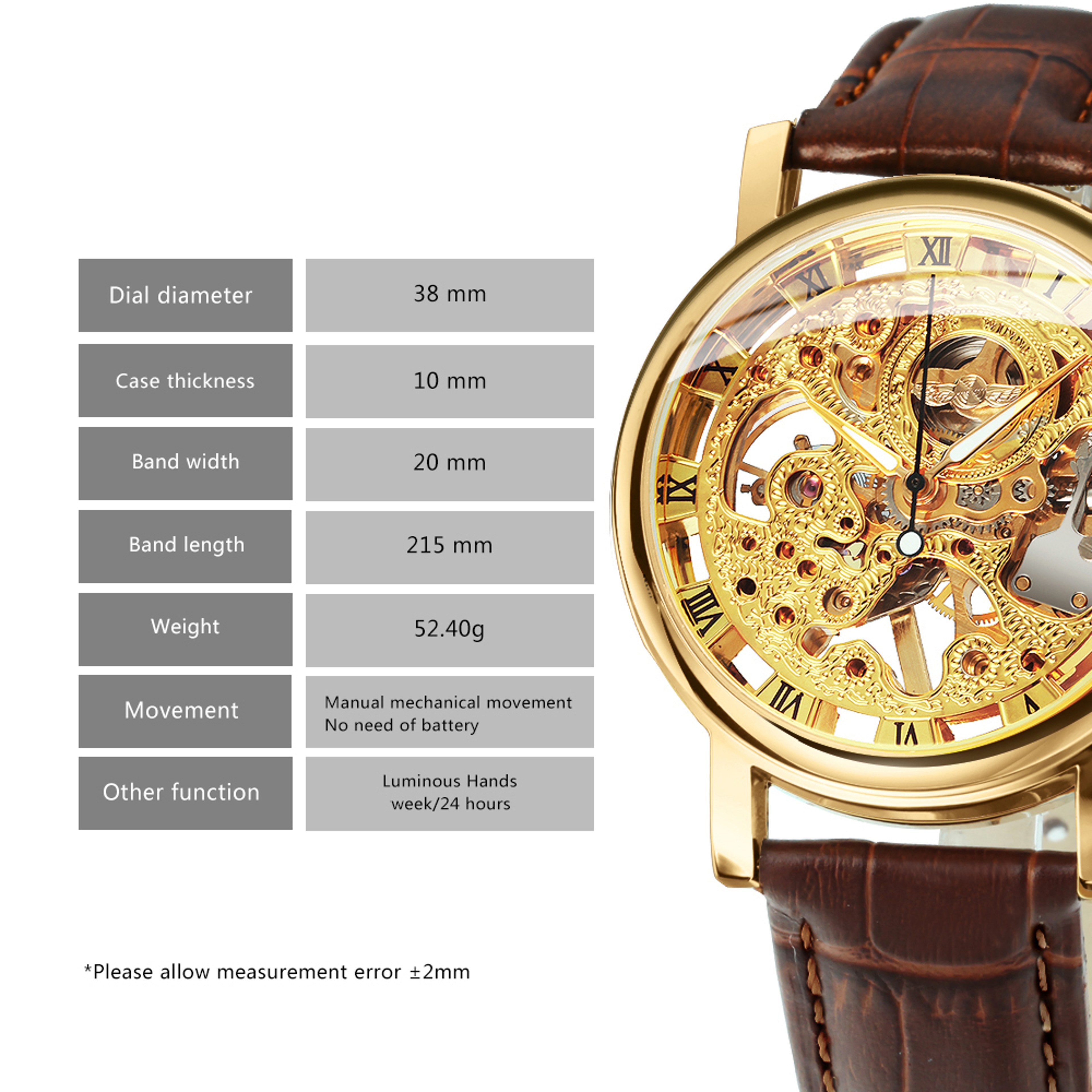 Mens Skeleton Mechanical Watch With Leather Strap And Luminous Hands 5