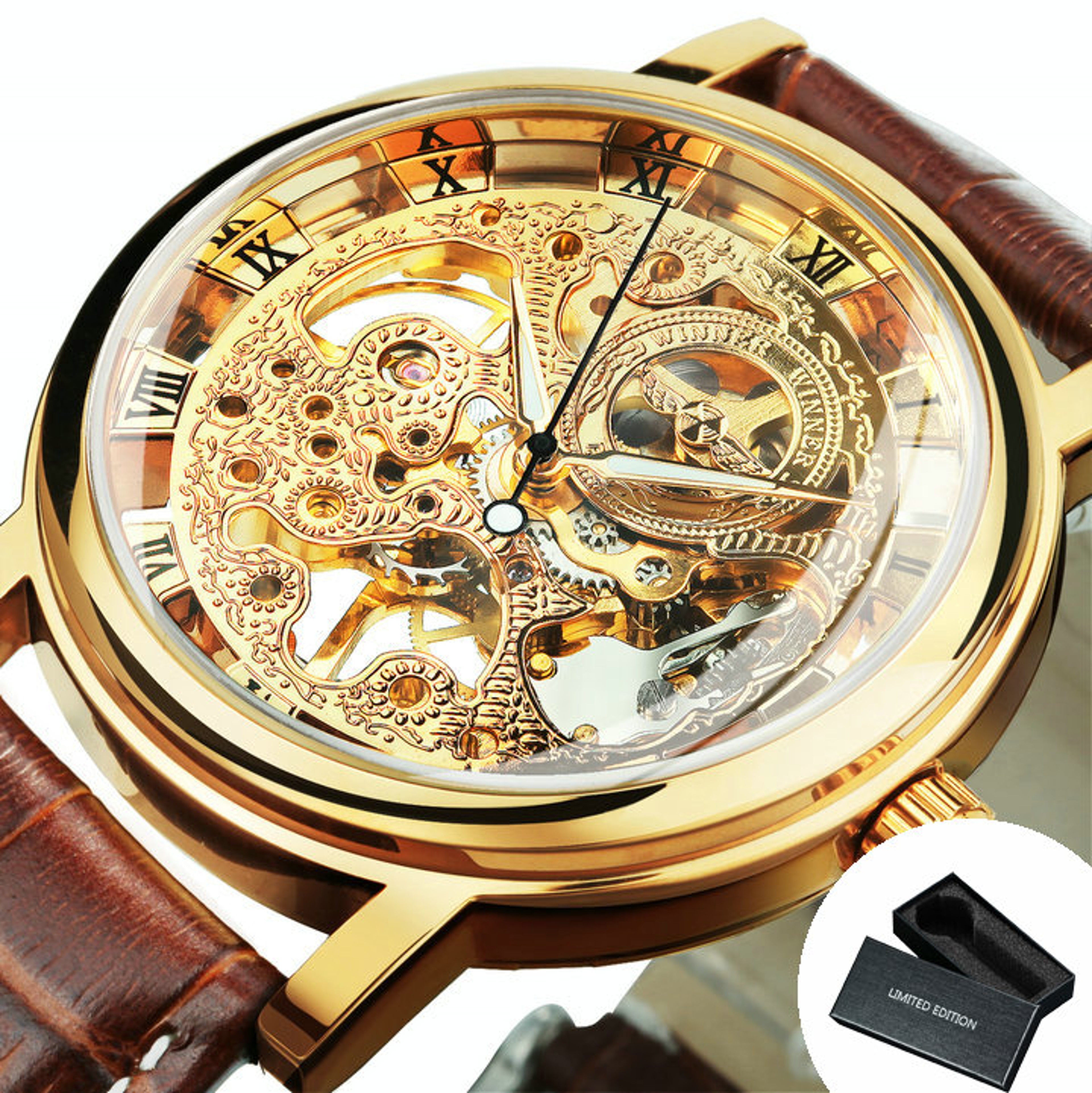 Mens Skeleton Mechanical Watch With Leather Strap And Luminous Hands 6