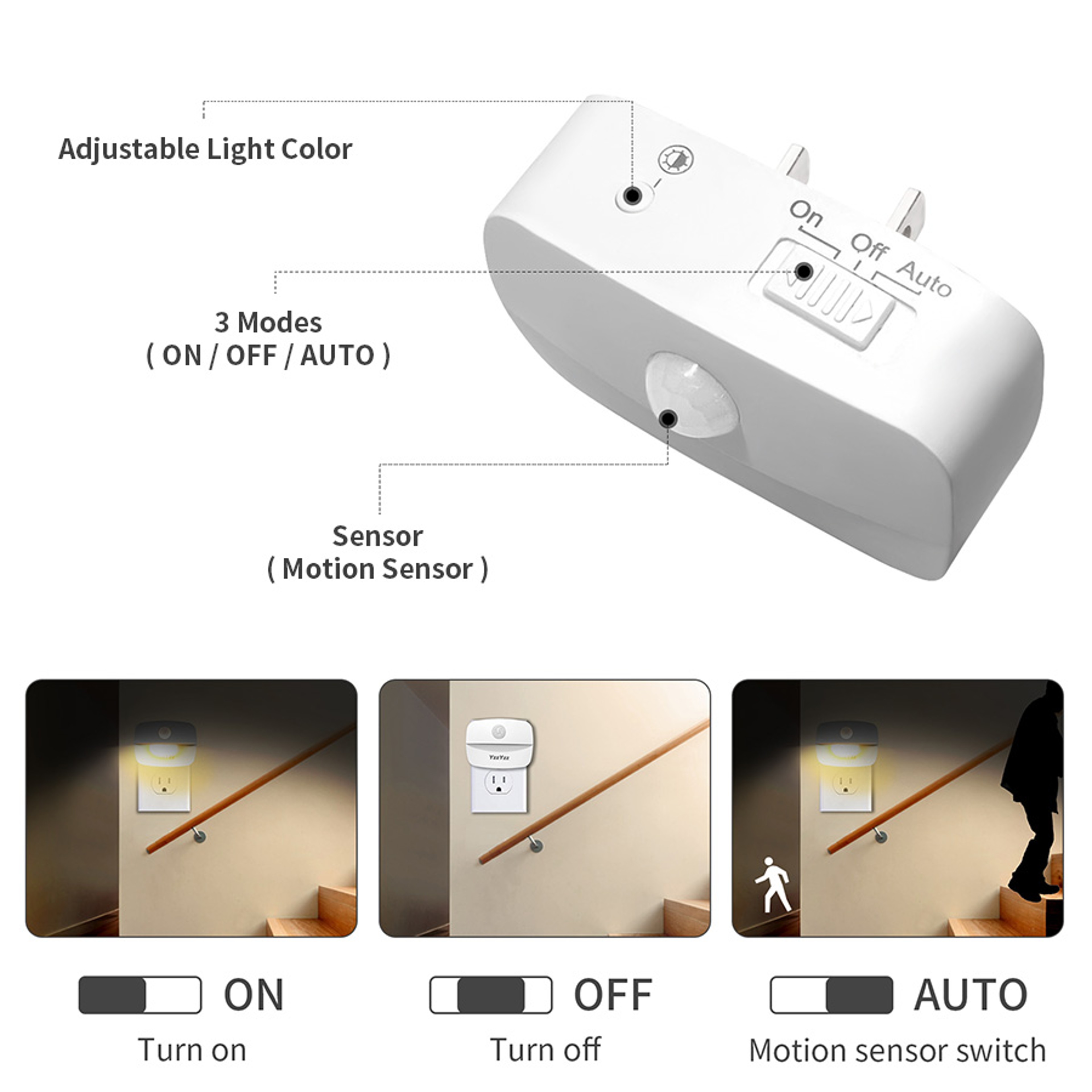 Motion Sensor LED Night Light Dimmable PlugIn Lamp With Light Colors 3