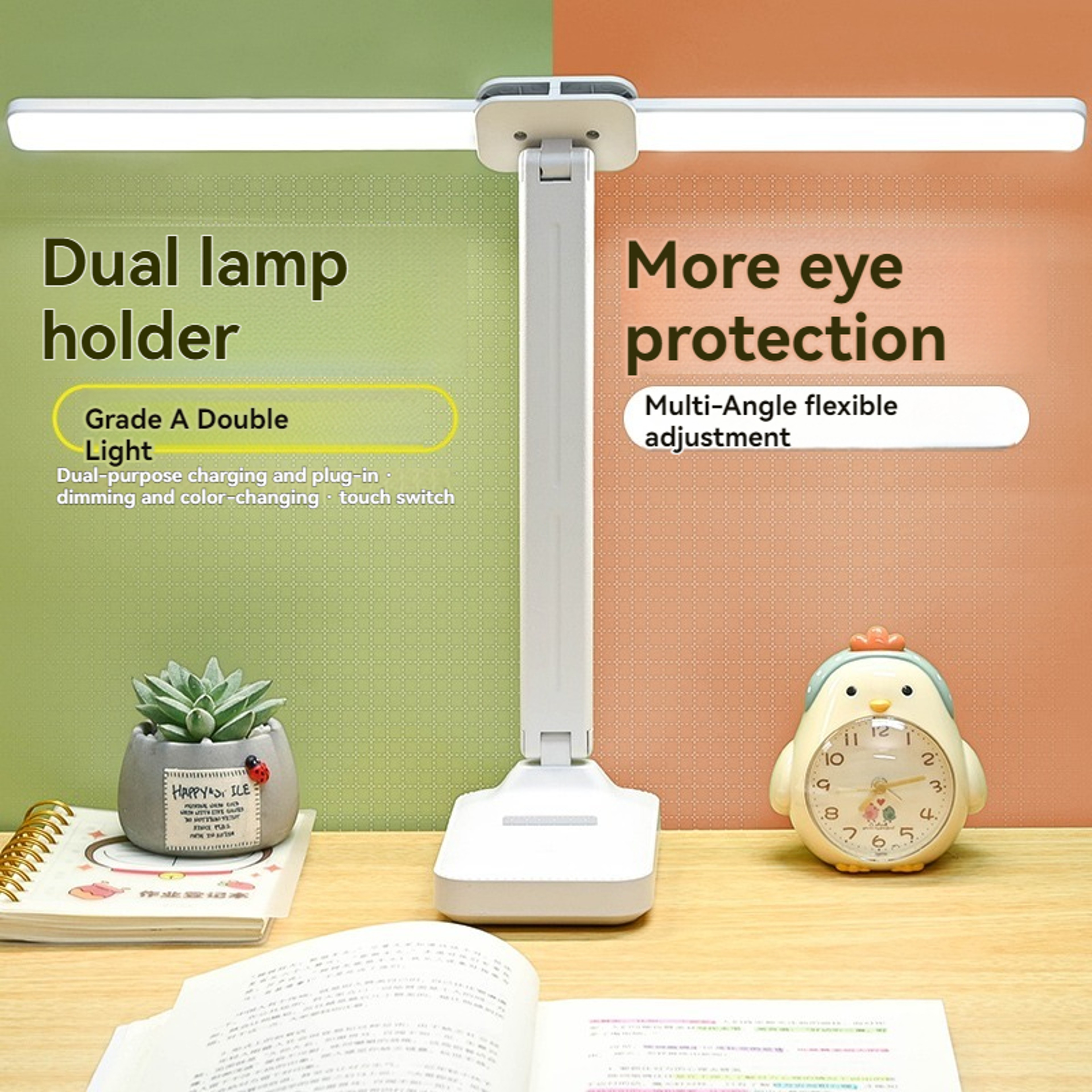 Dual Head LED Desk Lamp with Foldable Design and Rechargeable Battery – view 2