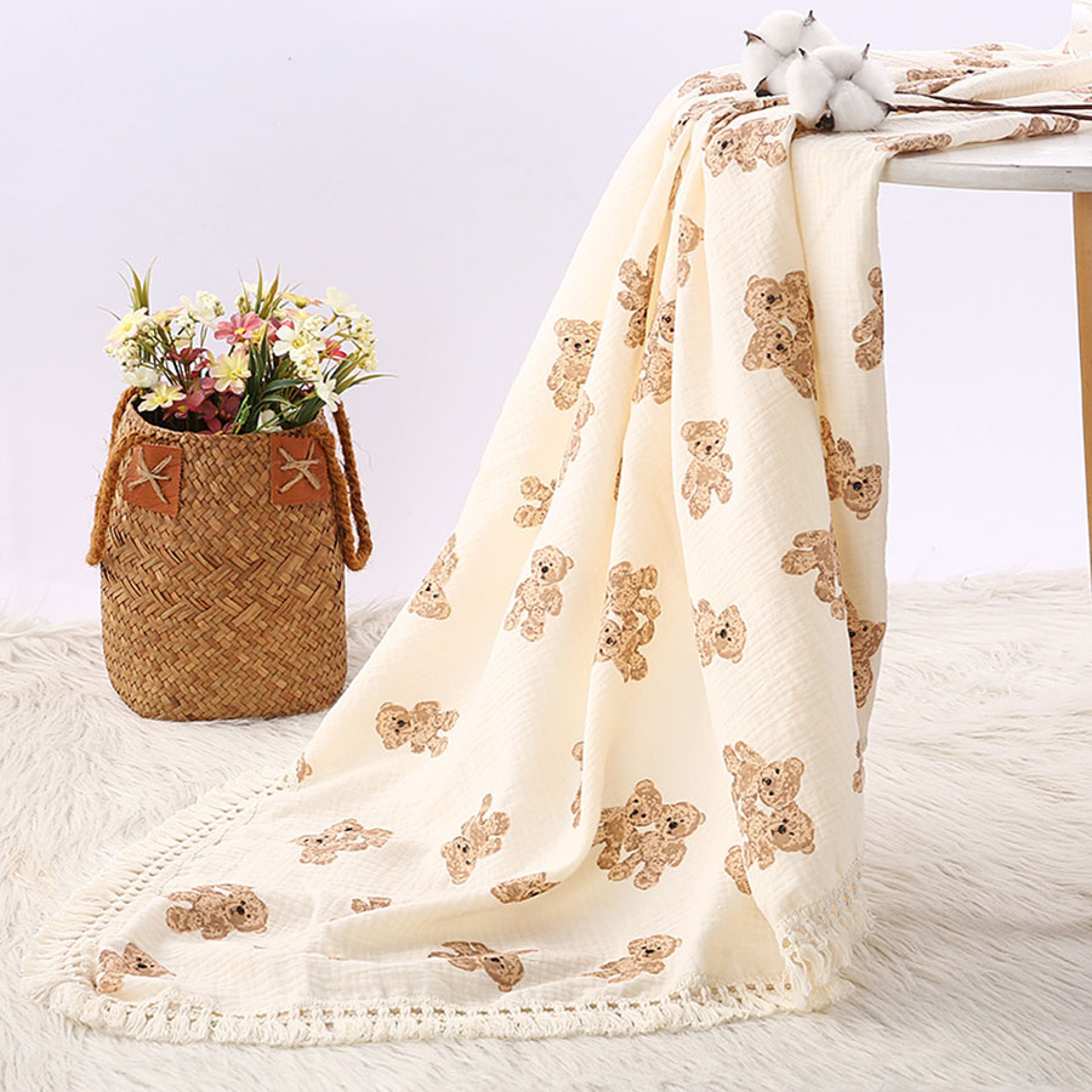 Cute Bear Plaid Baby Blanket Cotton Blend Muslin Swaddle – view 2