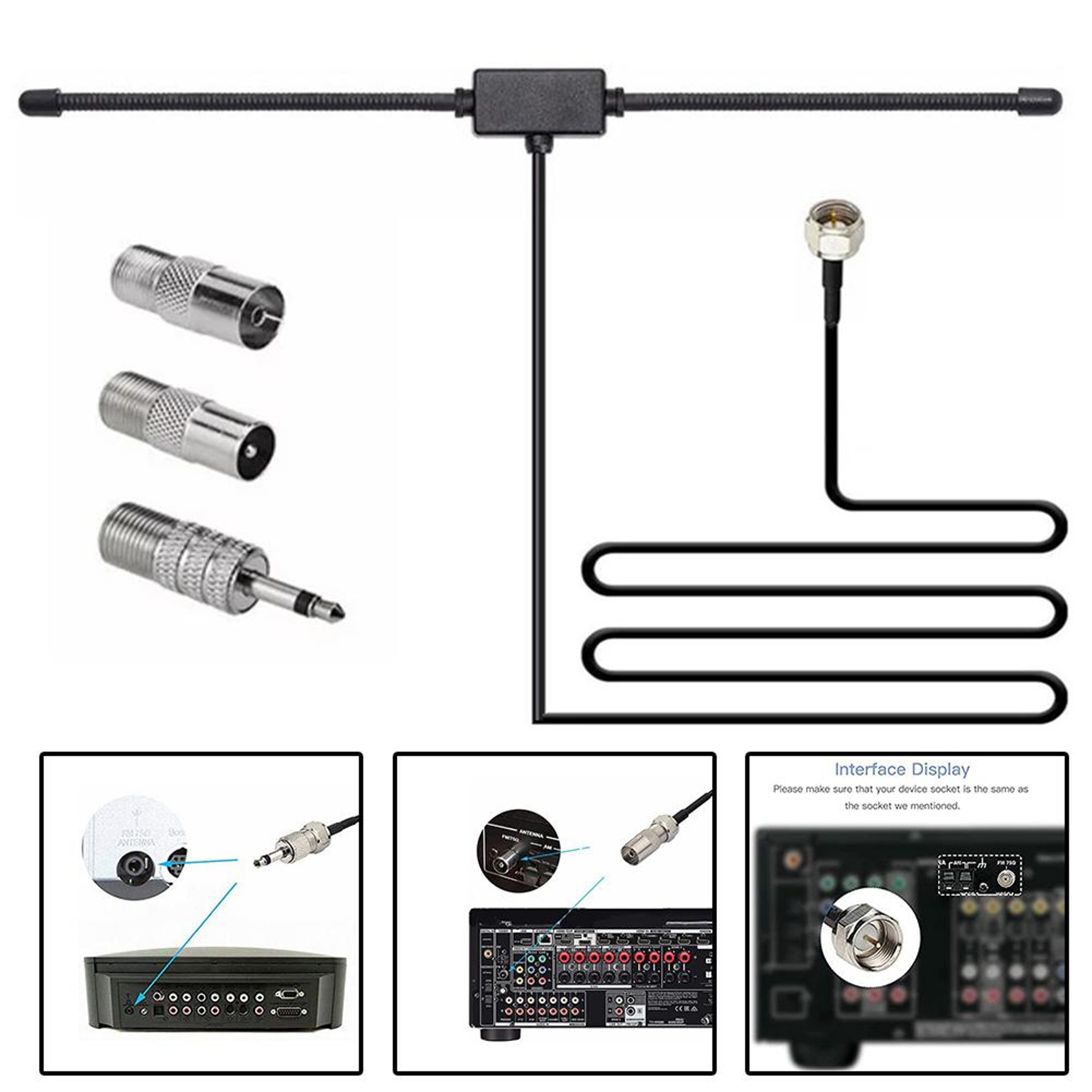 FM Radio Antenna 75 Ohm F Female Connector with 3.5mm Mono Connection – view 1