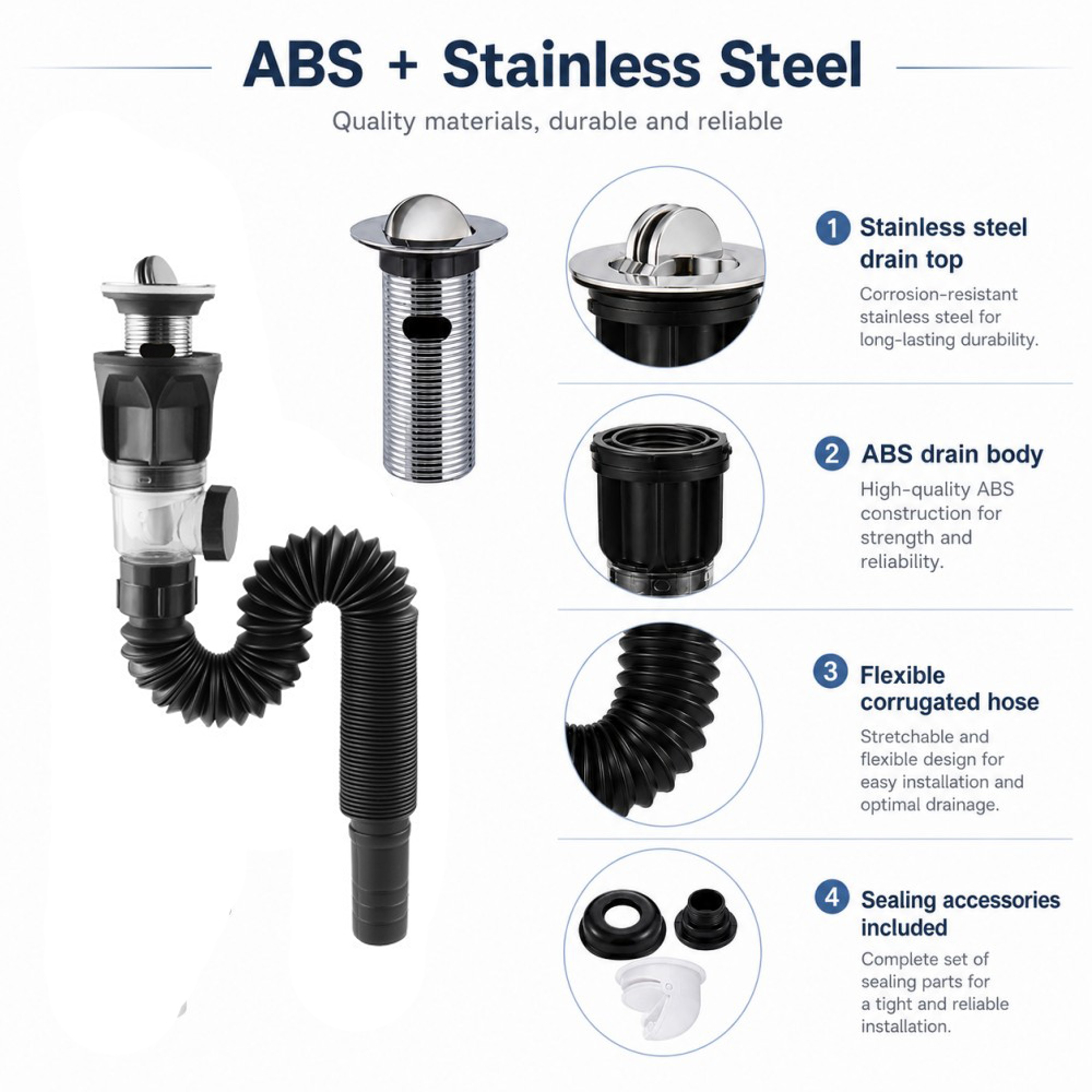 Bathroom Sink Drain Kit With Flexible Hose And Stainless Steel Drain Top 3