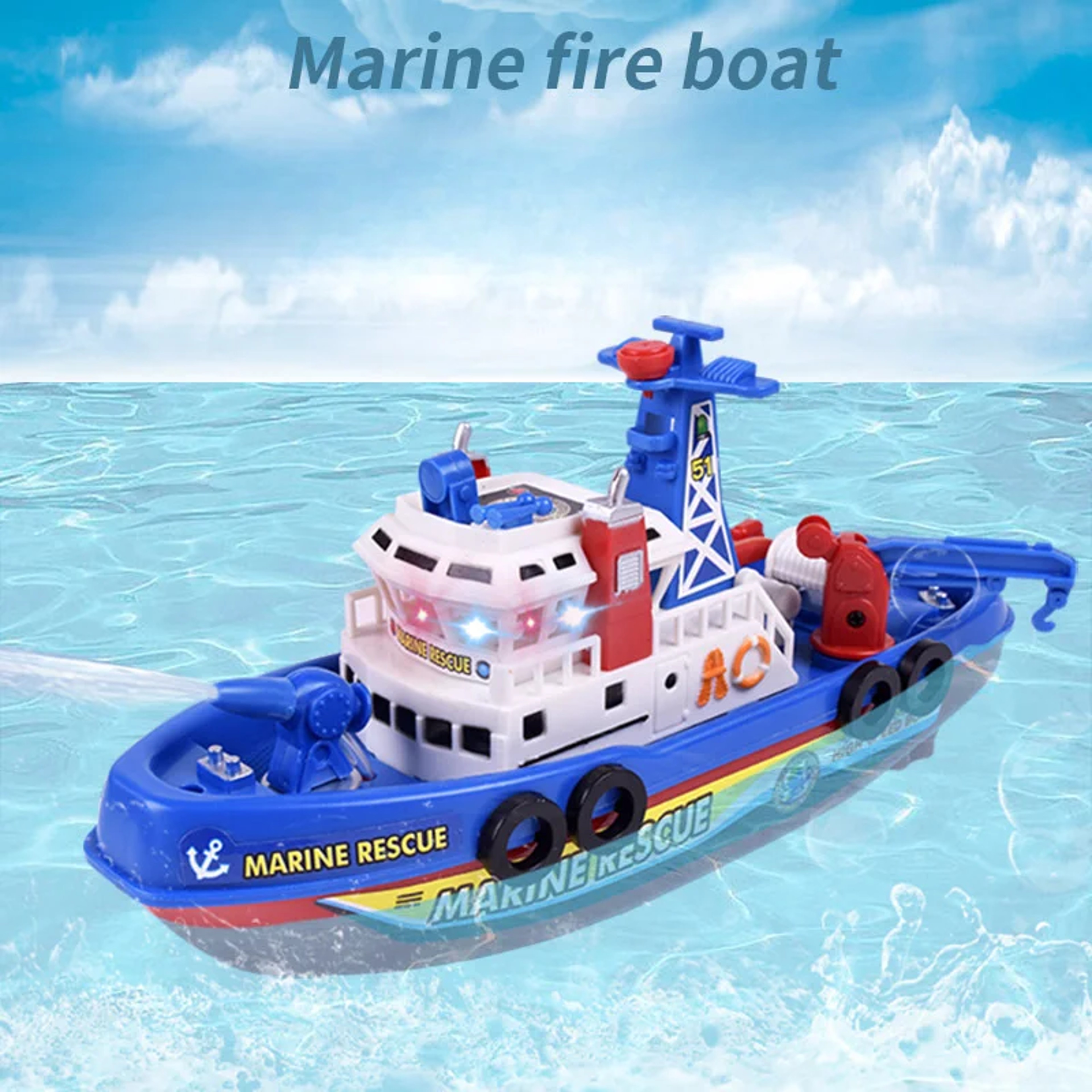 Marine Rescue Fire Boat Toy with Lights Music and Water Spraying Feature – view 2