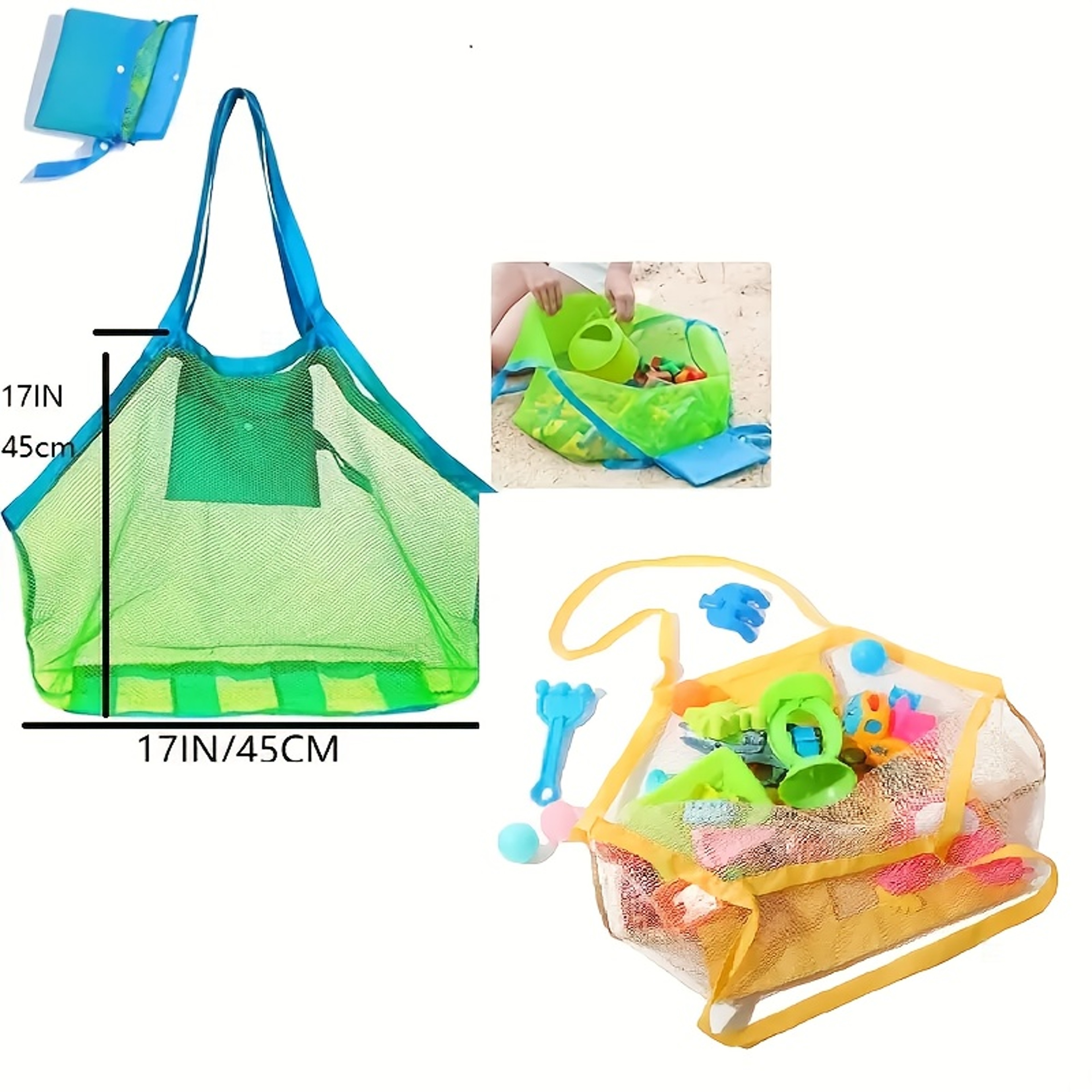 Kids Large Mesh Beach Toy Bag with Blue and Green Side Pockets for Sand Toys and Seashells – view 2