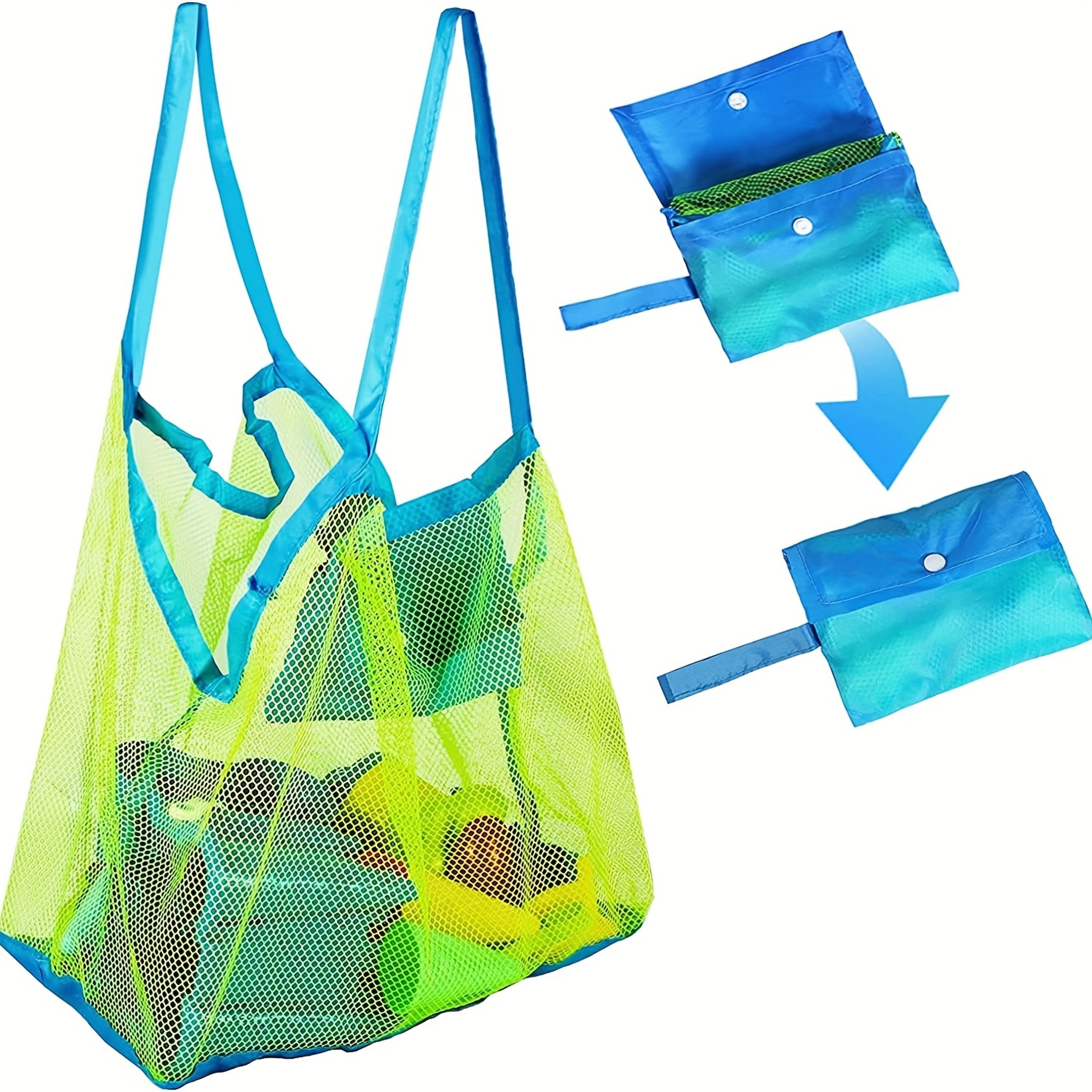 Kids Large Mesh Beach Toy Bag with Blue and Green Side Pockets for Sand Toys and Seashells – view 1