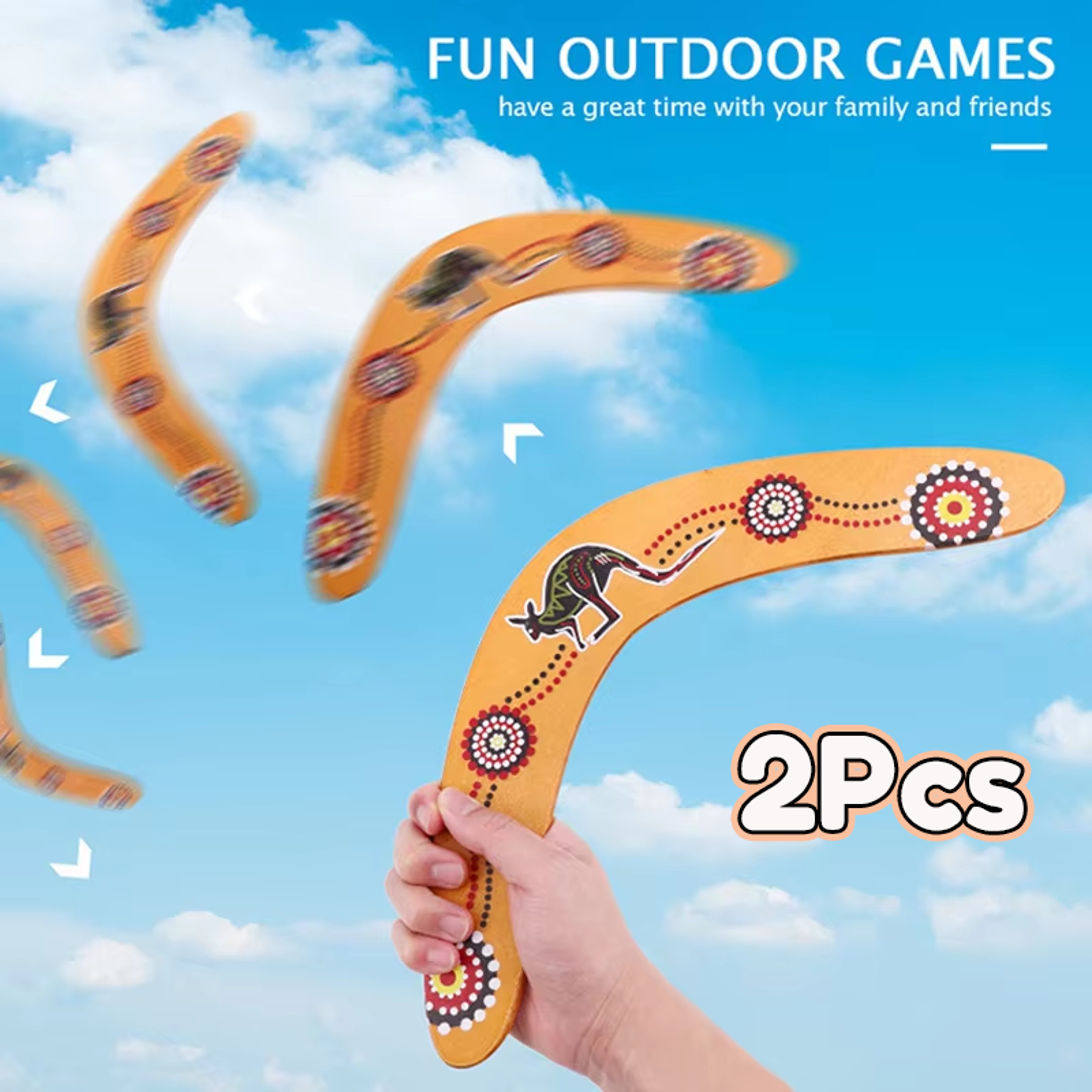 Wooden V Shaped Boomerang With Kangaroo Print For Outdoor Throwing Games 6
