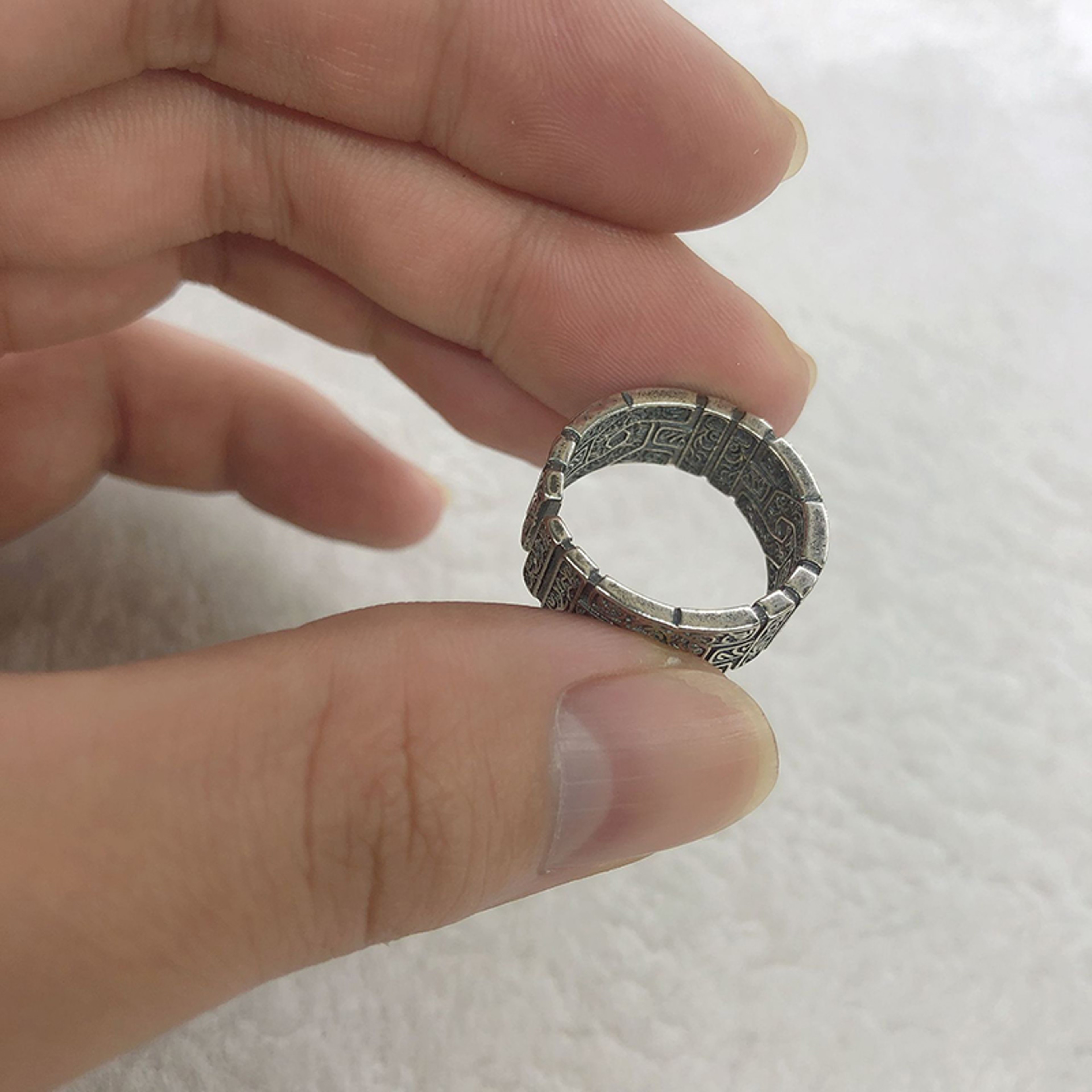 Vintage Silver Tone Tang Grass Pattern Open Ring for Men – view 2