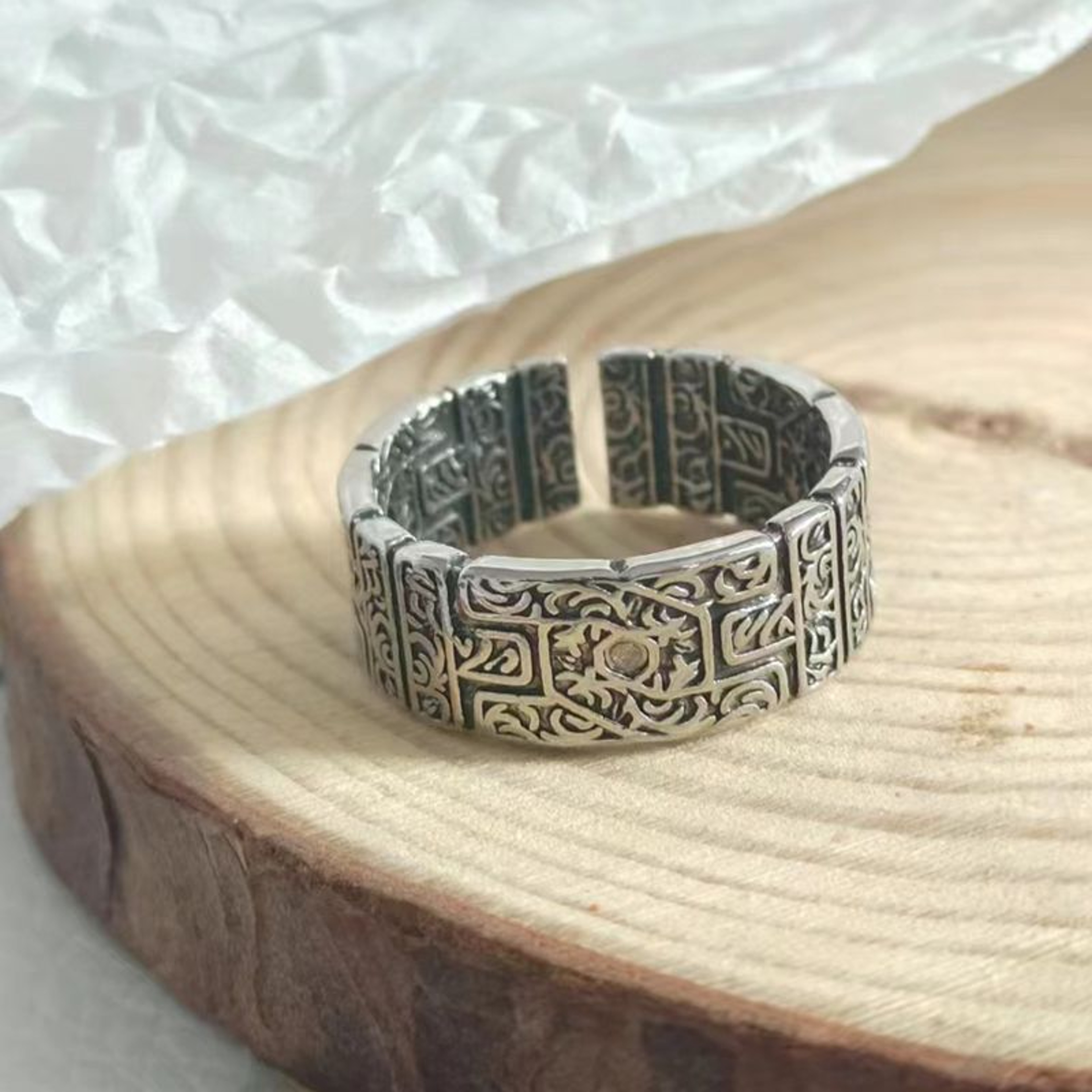 Vintage Silver Tone Tang Grass Pattern Open Ring for Men – view 6
