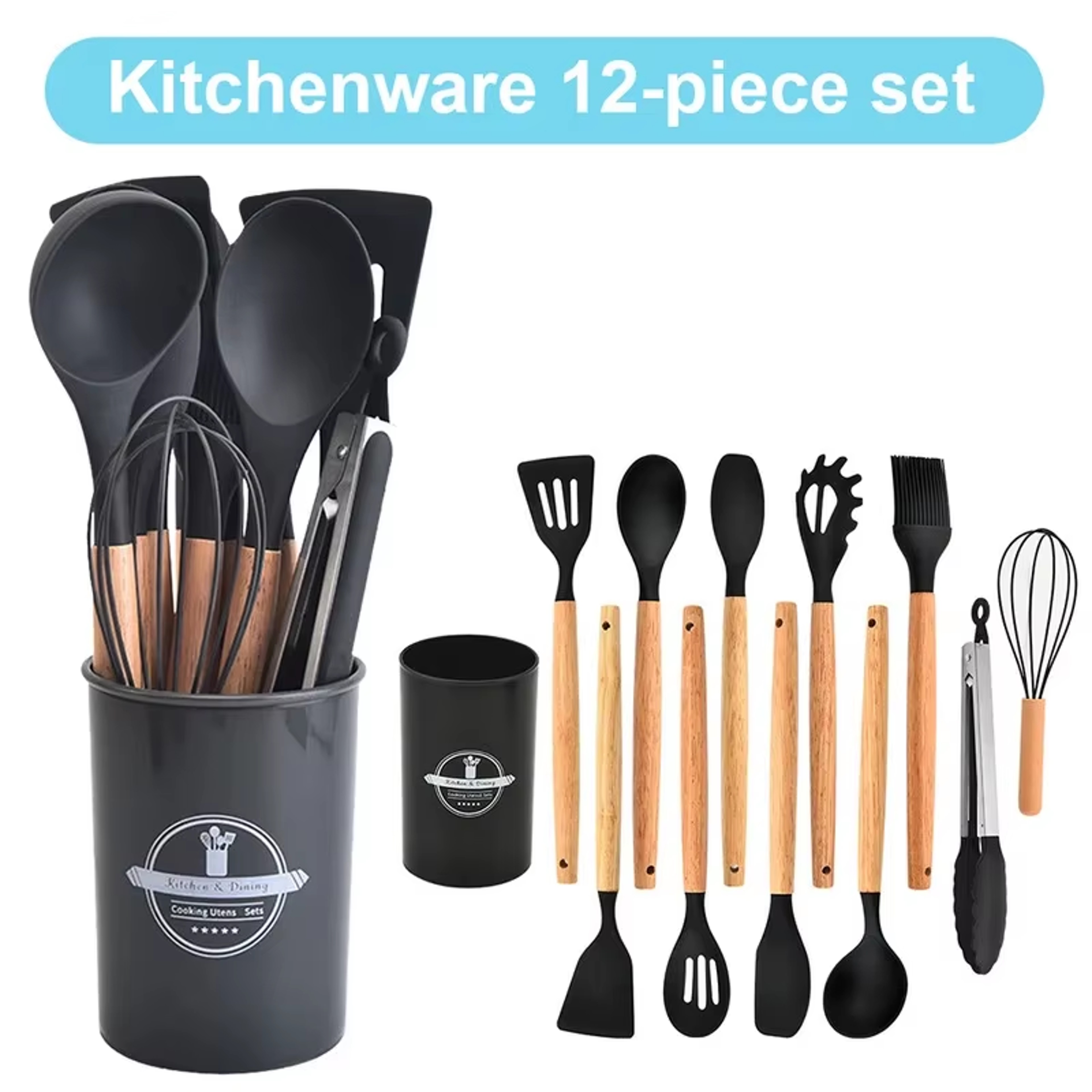 Piece Silicone Kitchen Utensil Set with Wooden Handles and Holder – view 1