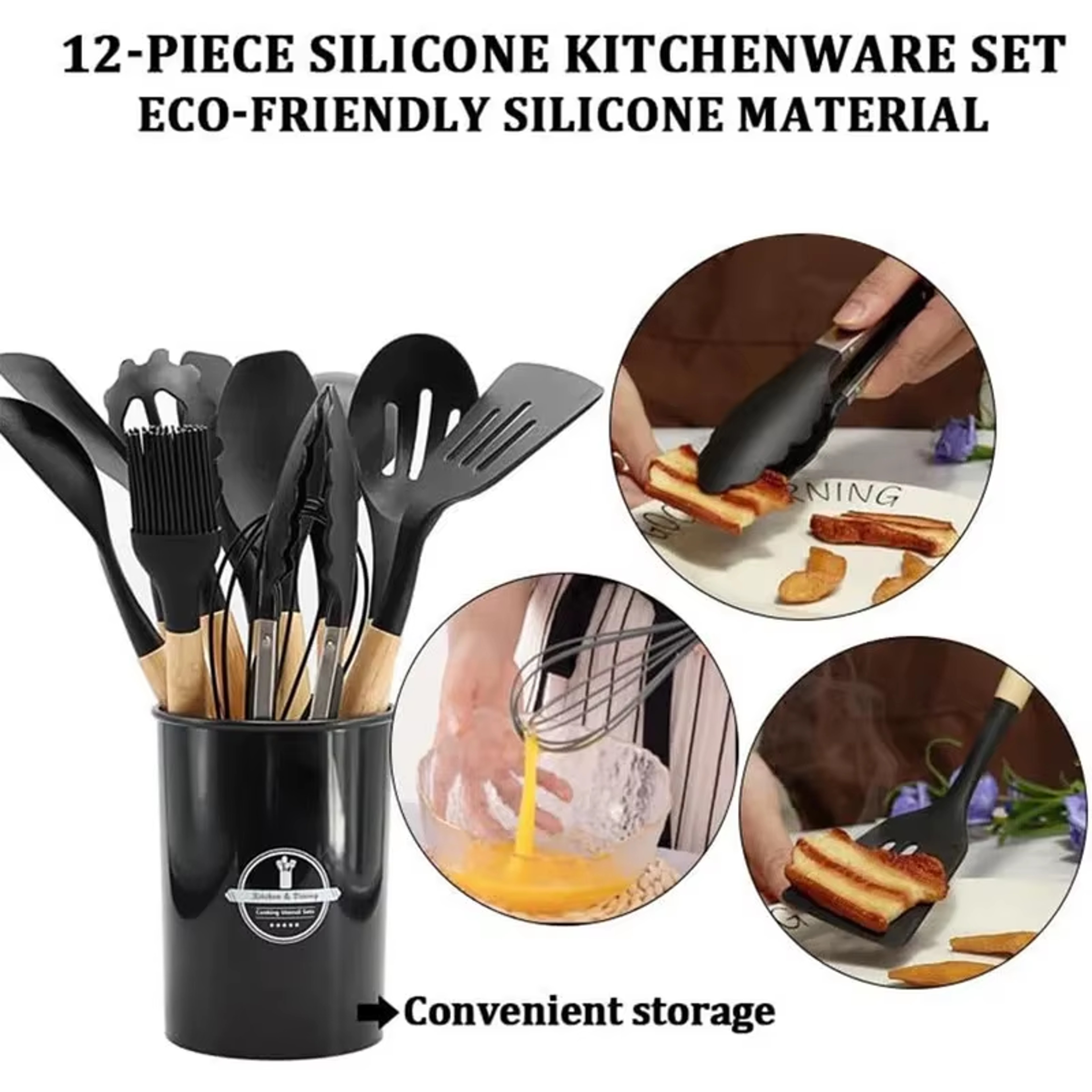 Piece Silicone Kitchen Utensil Set with Wooden Handles and Holder – view 2