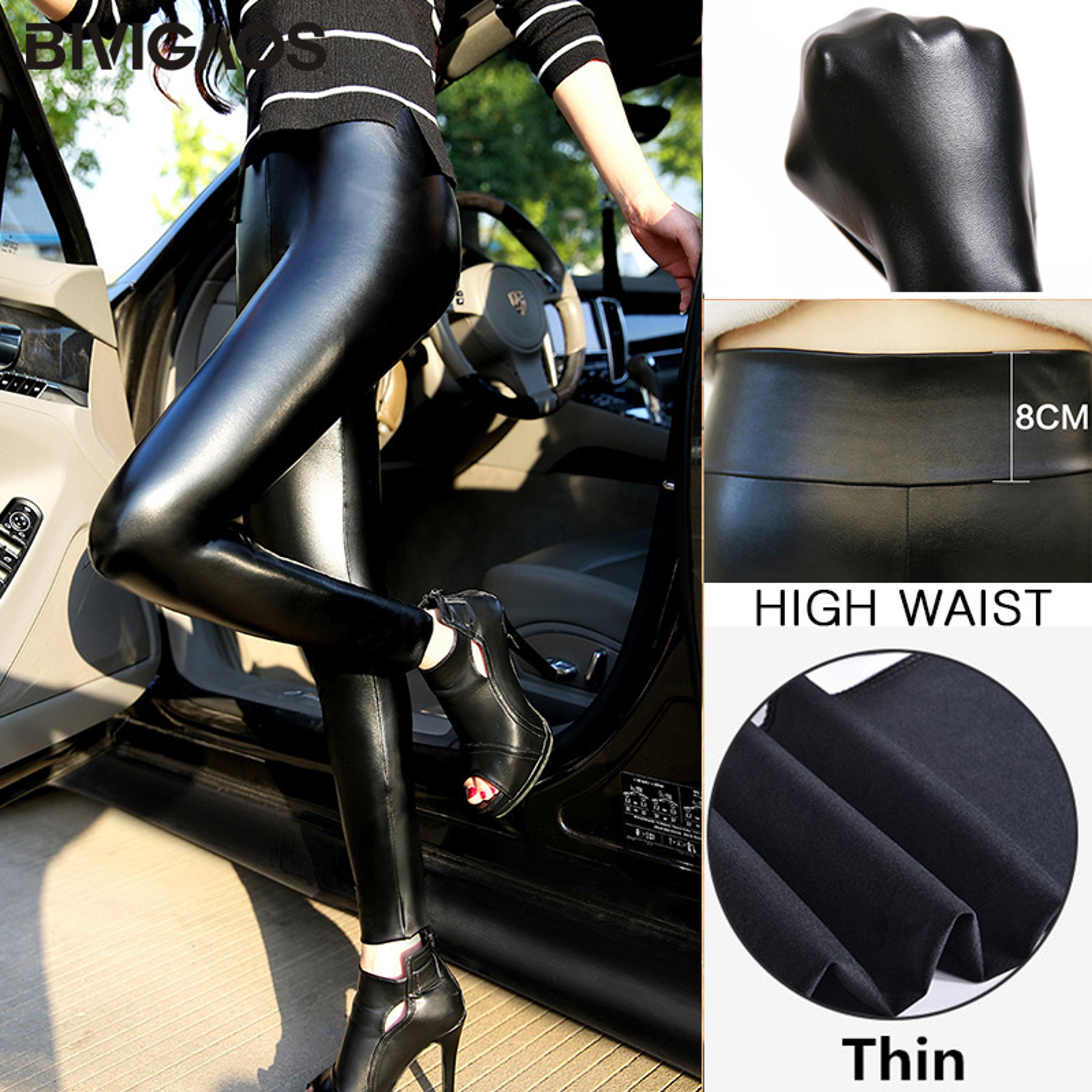 Women's High Waist Faux Leather Leggings in Black with Slim Fit – view 7