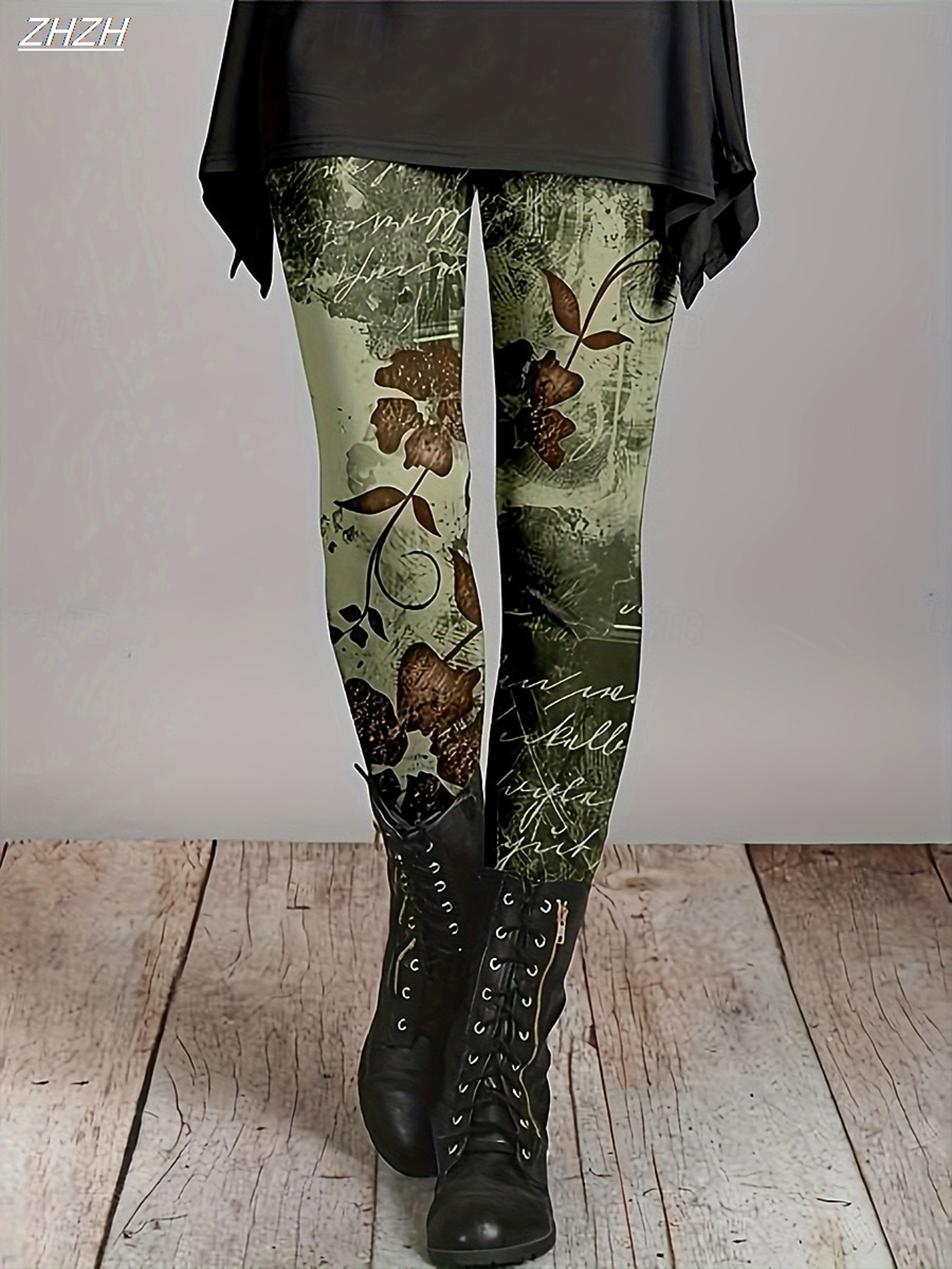 Women's Floral Print Fleece Leggings with Stretchy Mid-Rise Waist – view 2