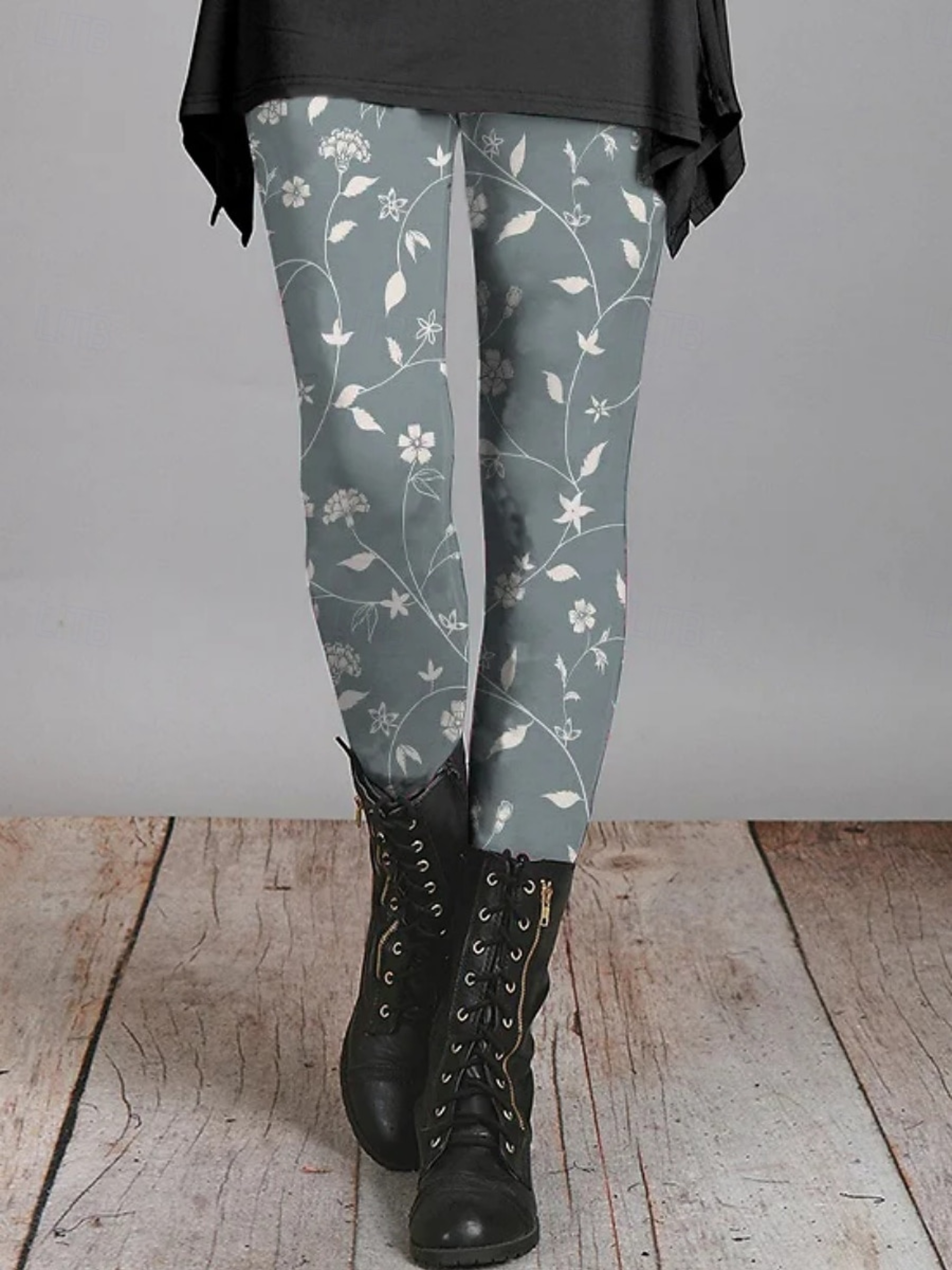 Women's Floral Print Fleece Leggings with Stretchy Mid-Rise Waist – view 7