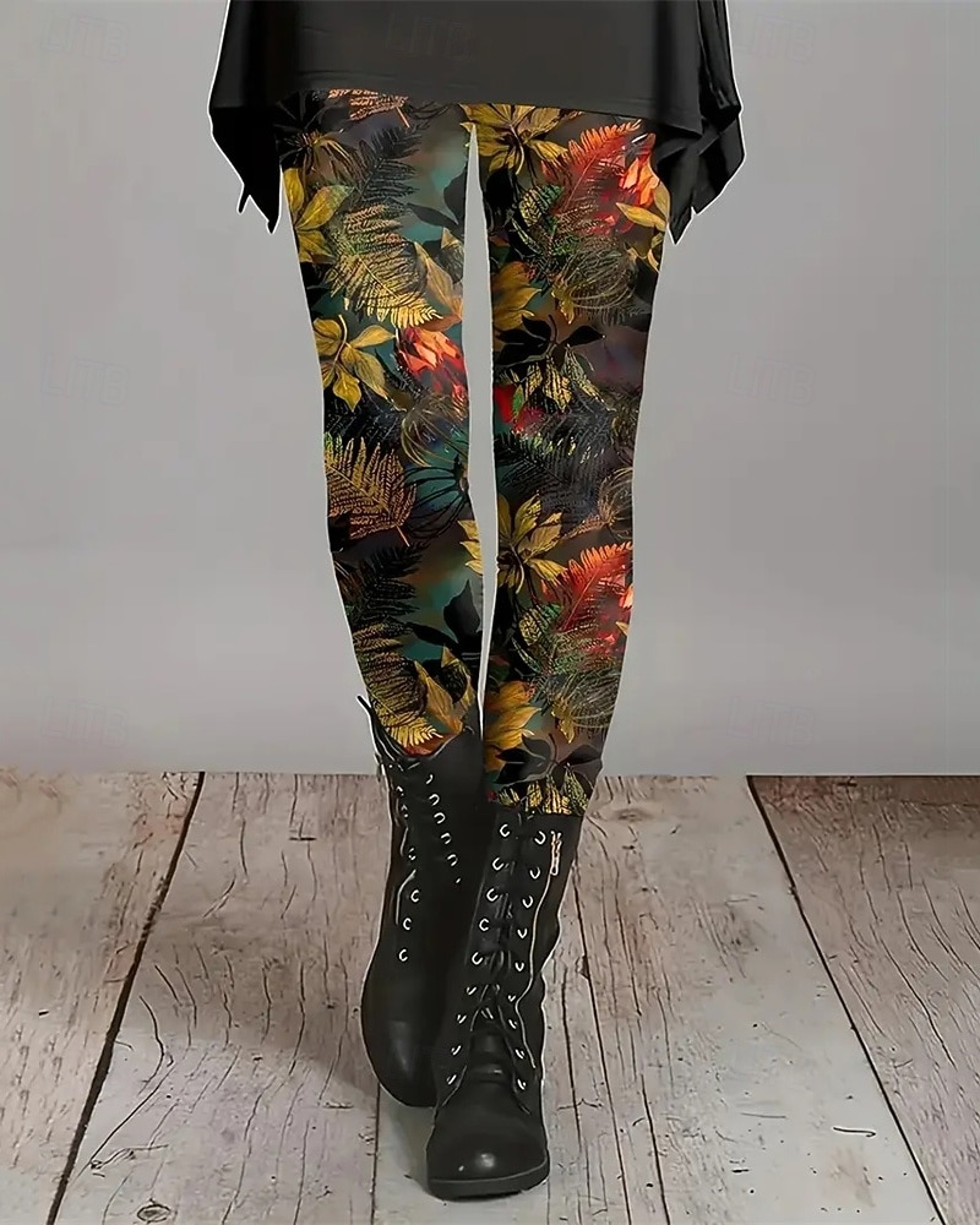 Women's Floral Print Fleece Leggings with Stretchy Mid-Rise Waist – view 15