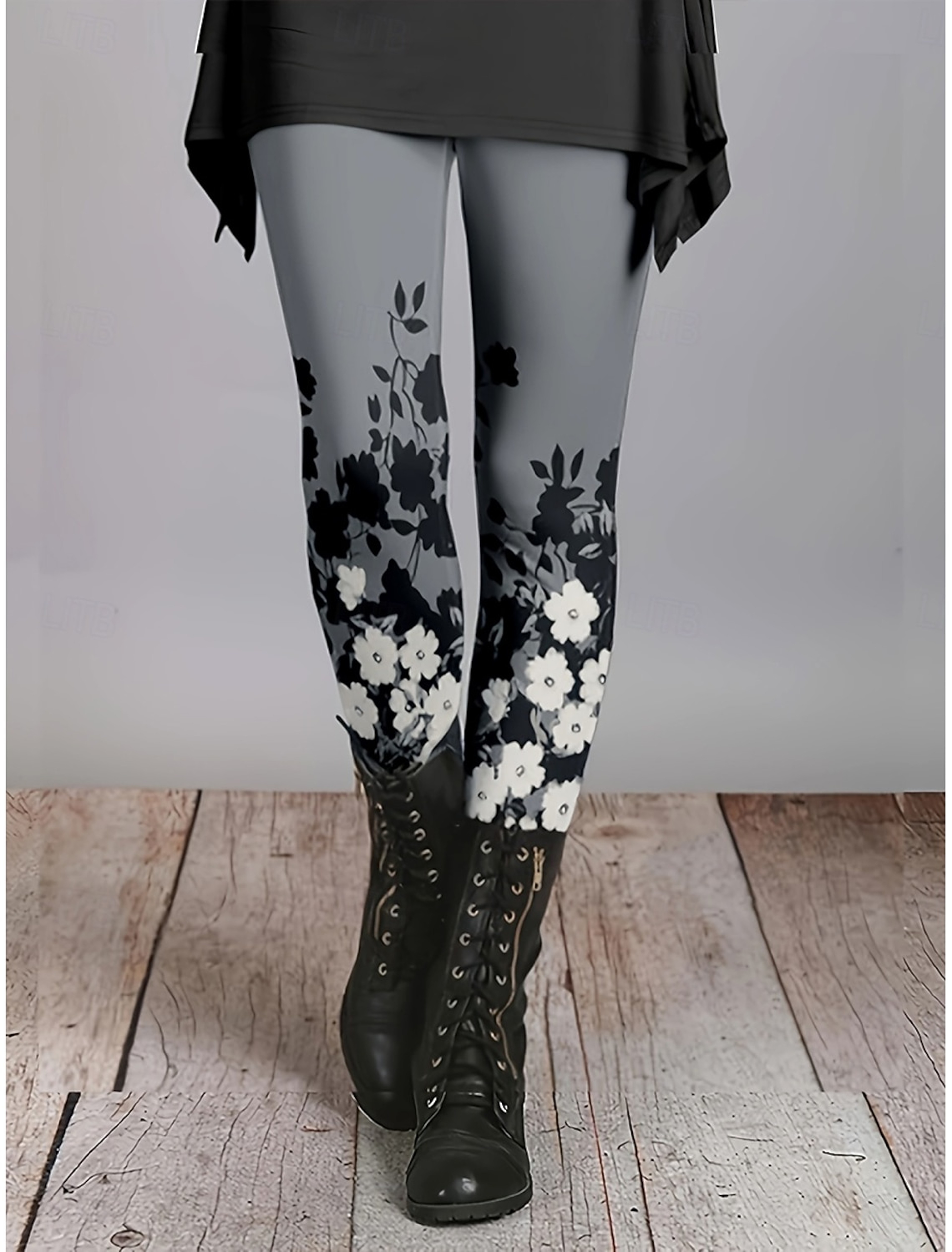 Women's Floral Print Fleece Leggings with Stretchy Mid-Rise Waist – view 16
