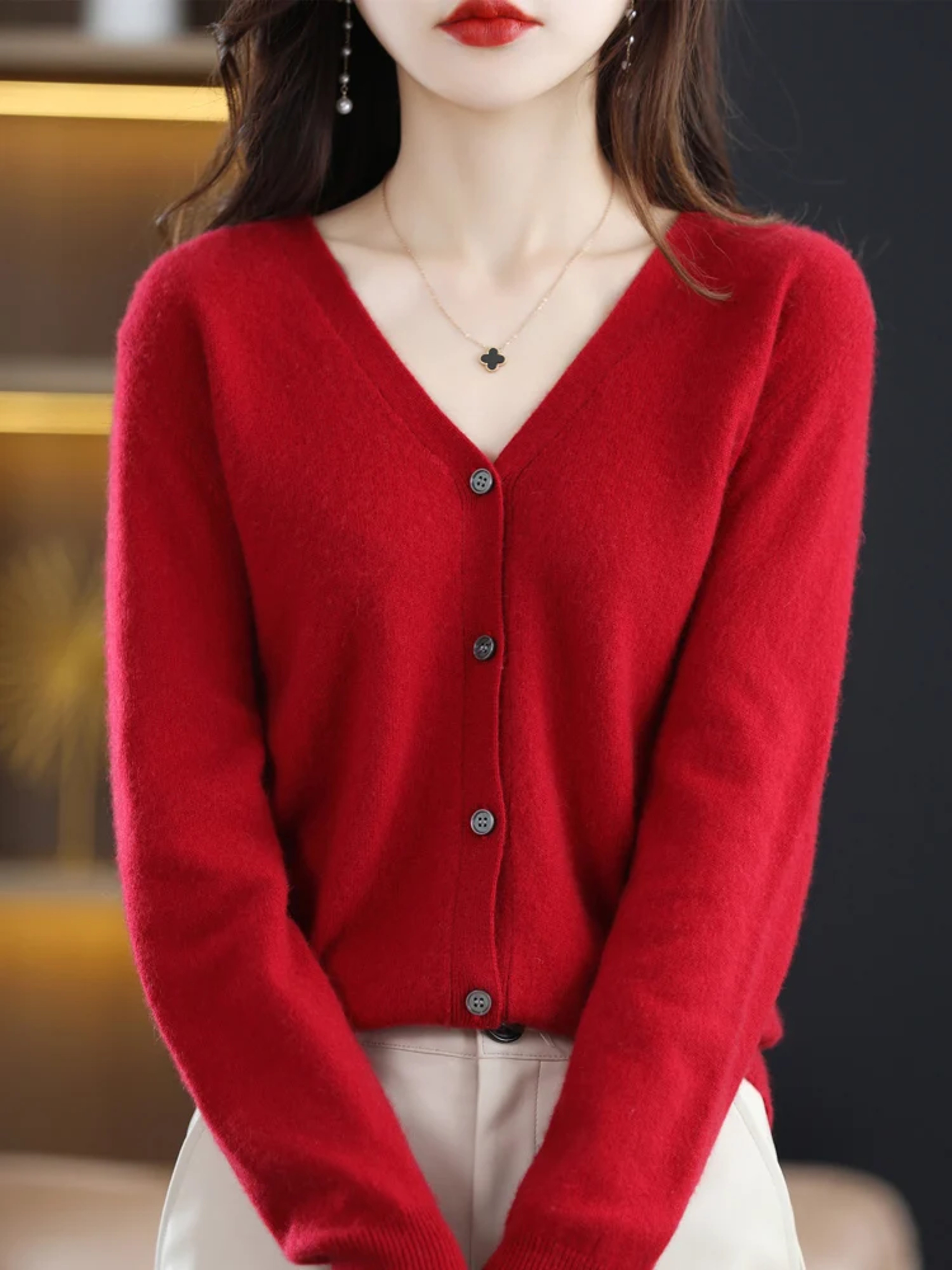 Women's V-Neck Knit Cardigan Sweater with Long Sleeves and Stretch Fit – view 1