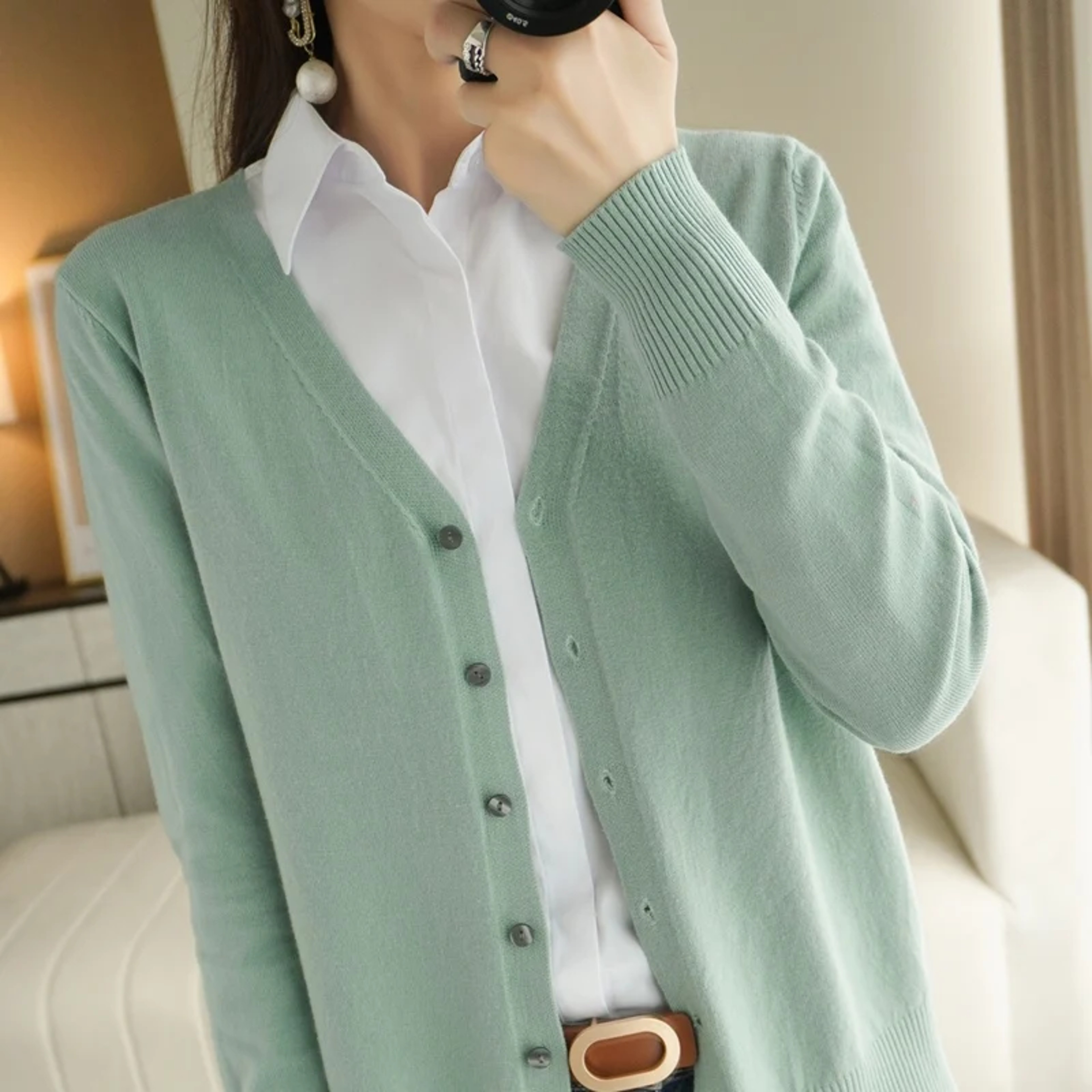Women's V-Neck Knit Cardigan Sweater with Long Sleeves and Stretch Fit – view 5